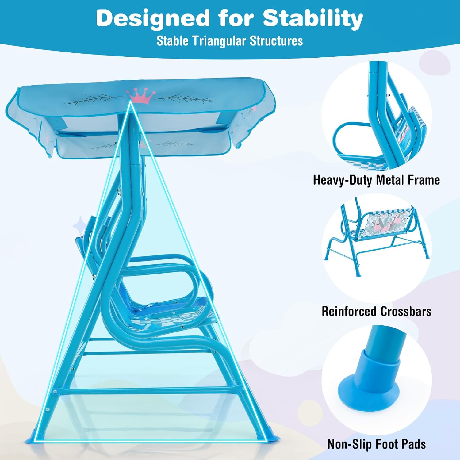 HONEY JOY Kids Patio Swing, 2-Seater Outdoor Porch Swing Lounge Chair, Adjustable Canopy & Safety Belt, All Weather Resistant Waterproof Hanging Swing Bench for Garden Poolside Balcony(Blue Flamingo)