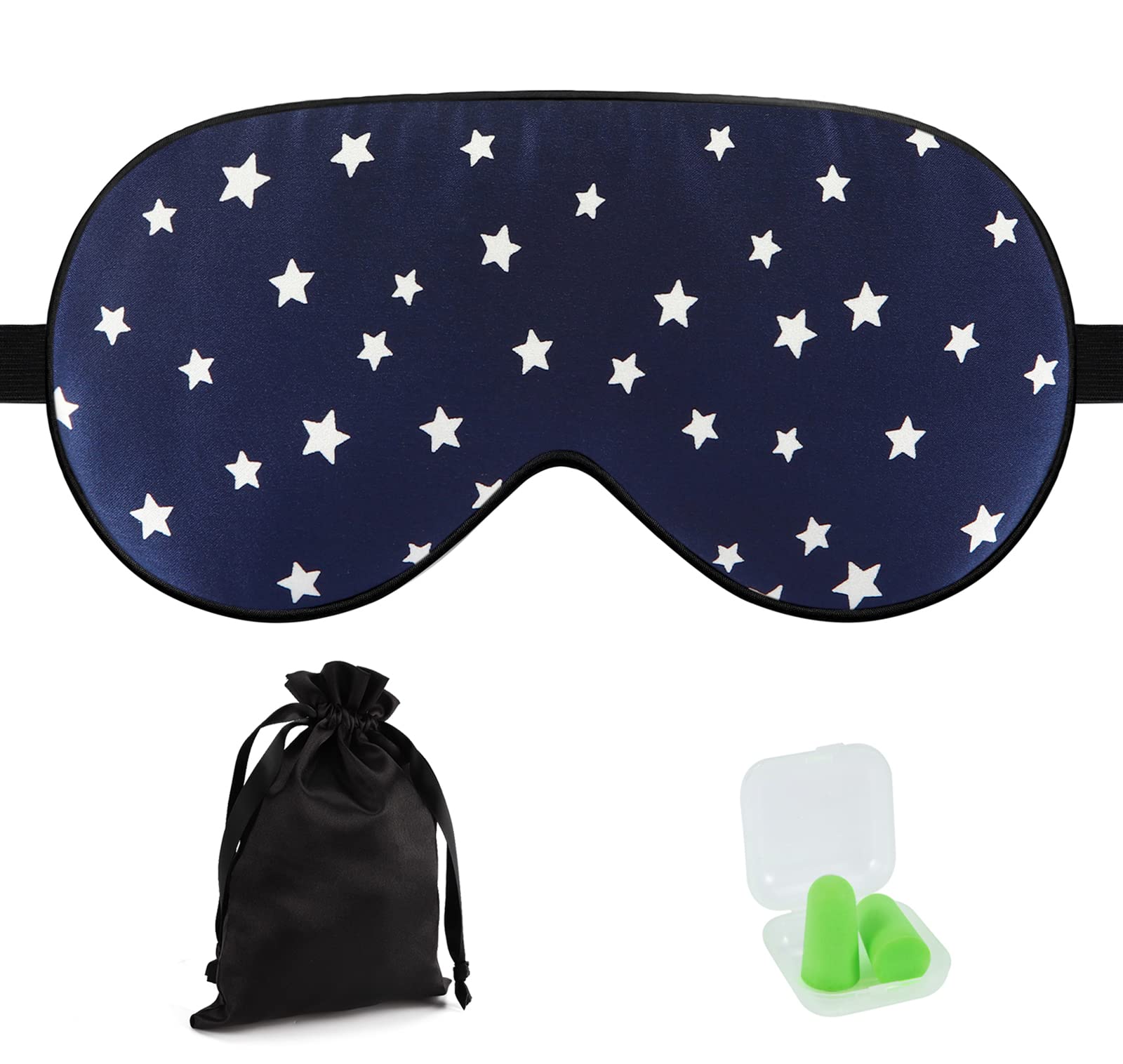 Lonfrote Stars Natural Silk Filled Sleep Eye Mask for Sleeping Aids,with Ear Plugs and Carry Pouch,Lightweight & Comfortable & Adjustable,Super Soft Material for Men & Women Travel Rest (Blue)