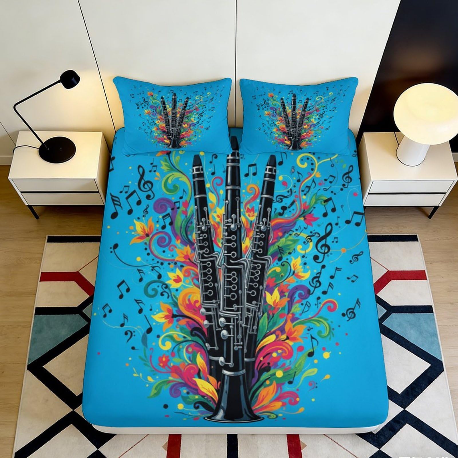 3D Printed Colorful Guitar Fitted Sheet Microfiber Soft Breathable Music Notes Bed Sheet for Bedroom Dorm Decor 90x200x25cm