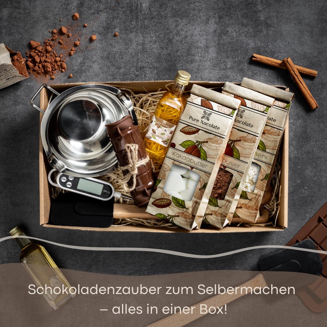 Pure Xocolate Zestaw do Robienia Czekolady - Wegańska Biała i Czarna Domowa Czekolada bez Glutenu i Laktozy - Szpatułka, Miska, Syrop z Agawy, Termometr, Dodatki