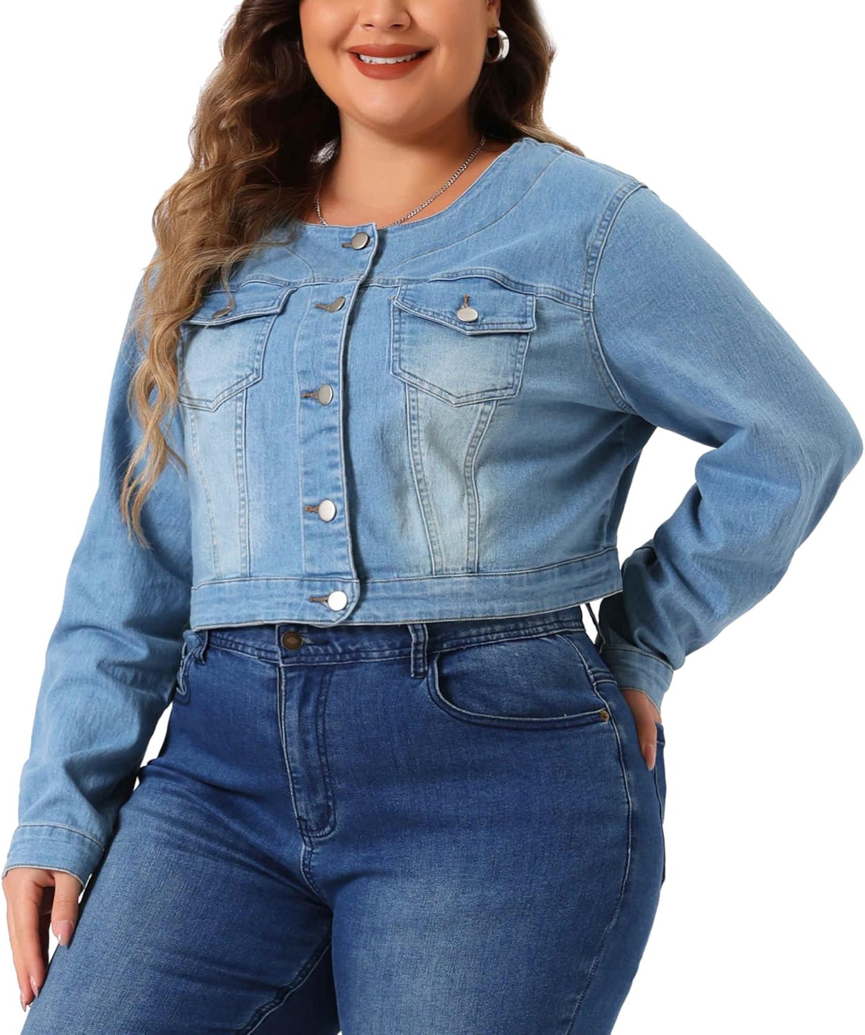 Agnes Orinda Plus Size Denim Jackets for Women Collarless Chest Pockets Button Down Crop Jean Jackets - Image 2