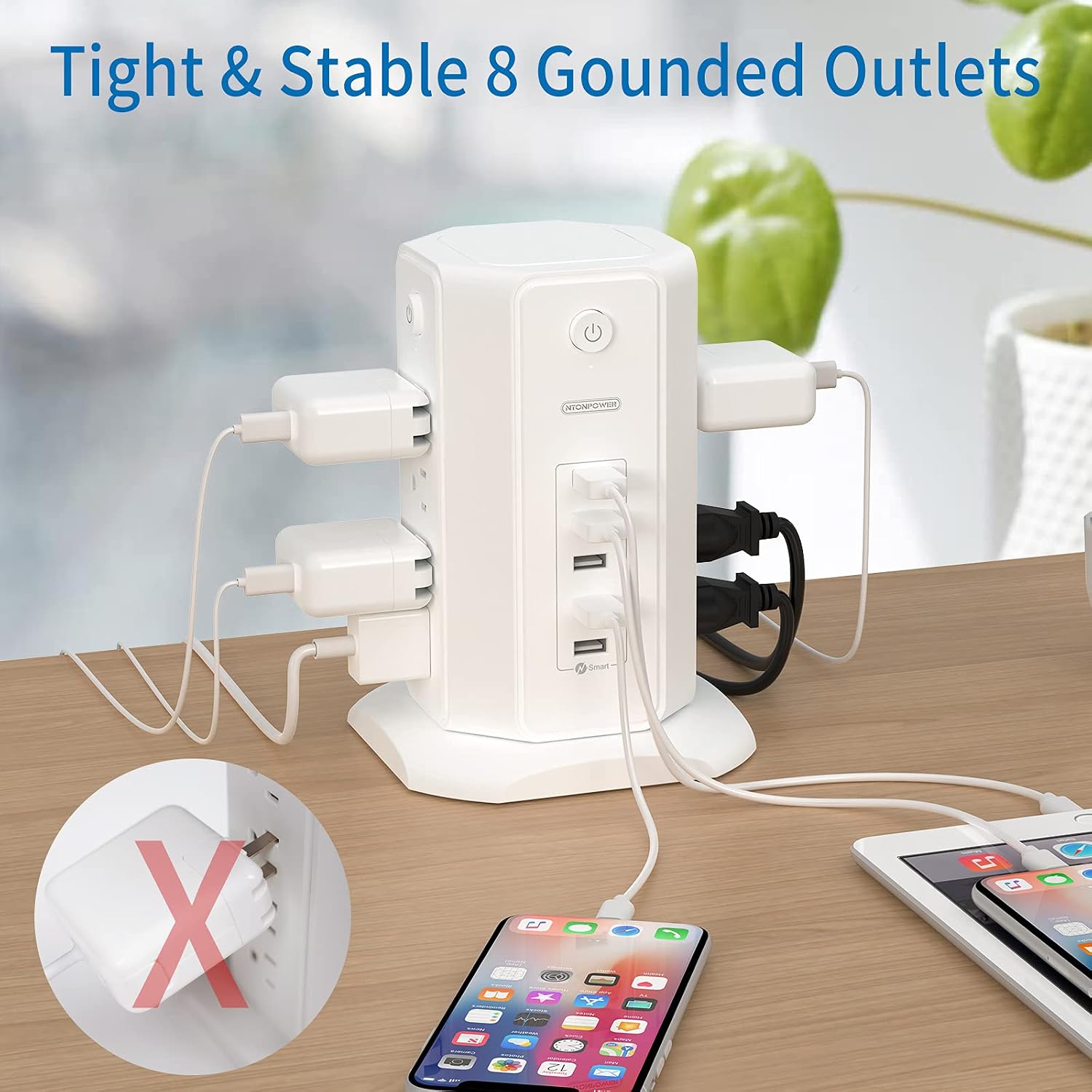 Tower Power Strip Surge Protector 15 ft Heavy Duty Cord - NTONPOWER Extension Cord Flat Plug, 8 Outlets and 5 USB Charging Station Circuit Breaker Safeguard for Home Office Dorm Room, White