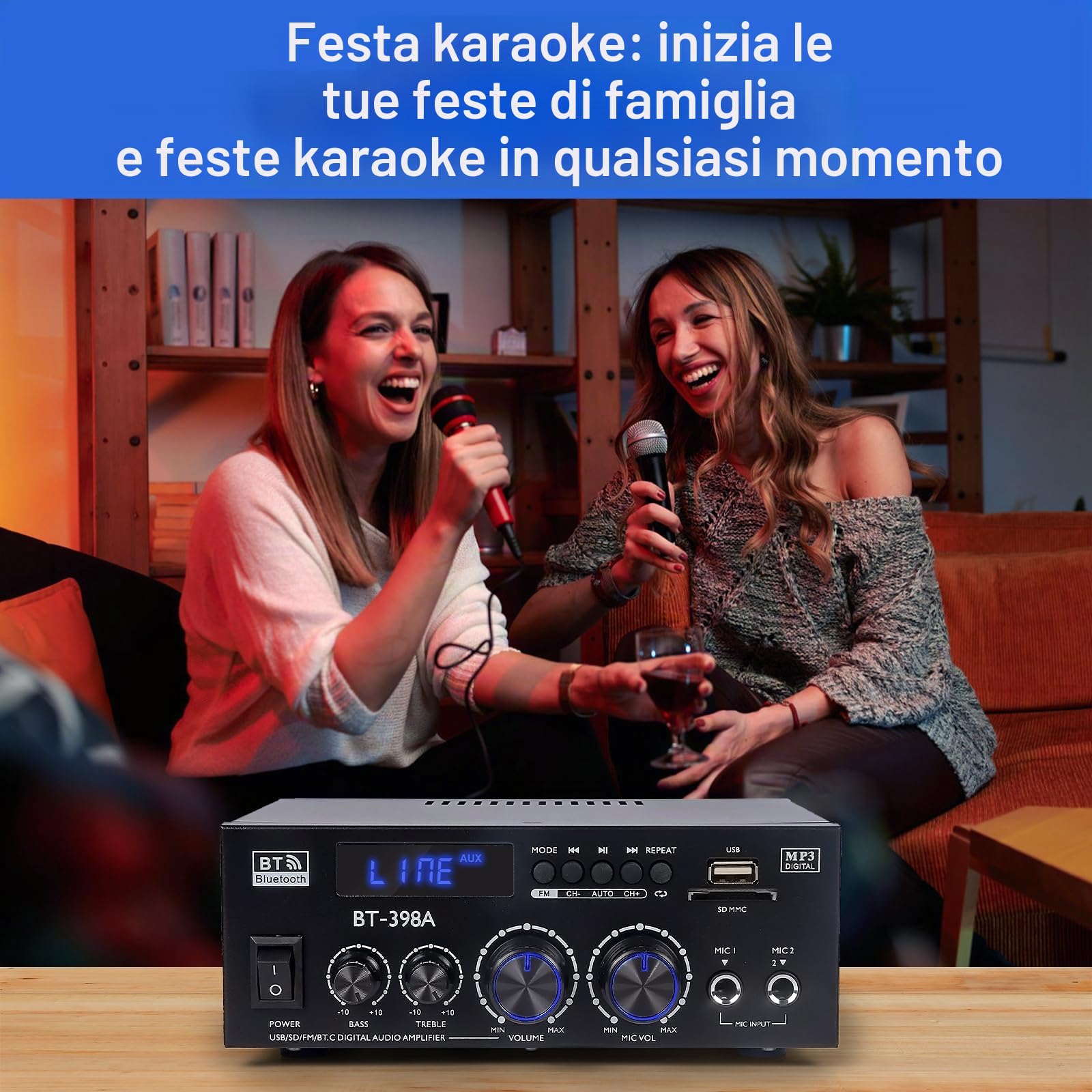 Amplificatore HI-FI Audio 1000W Picco, Bluetooth 5.3, 2 Canali (60W+60W RMS), per Altoparlanti da 10", Controlli Bassi/Alt, AUX/FM/MIC/USB – Per Home Theater e Auto (398A)