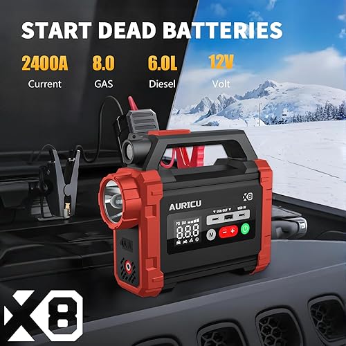 Miniatura 2 de X8 2400A Jump Starter Compresor de aire de 150 PSI Paquete de refuerzo de batería de litio de 12 V, caja de salto portátil, banco de energía y