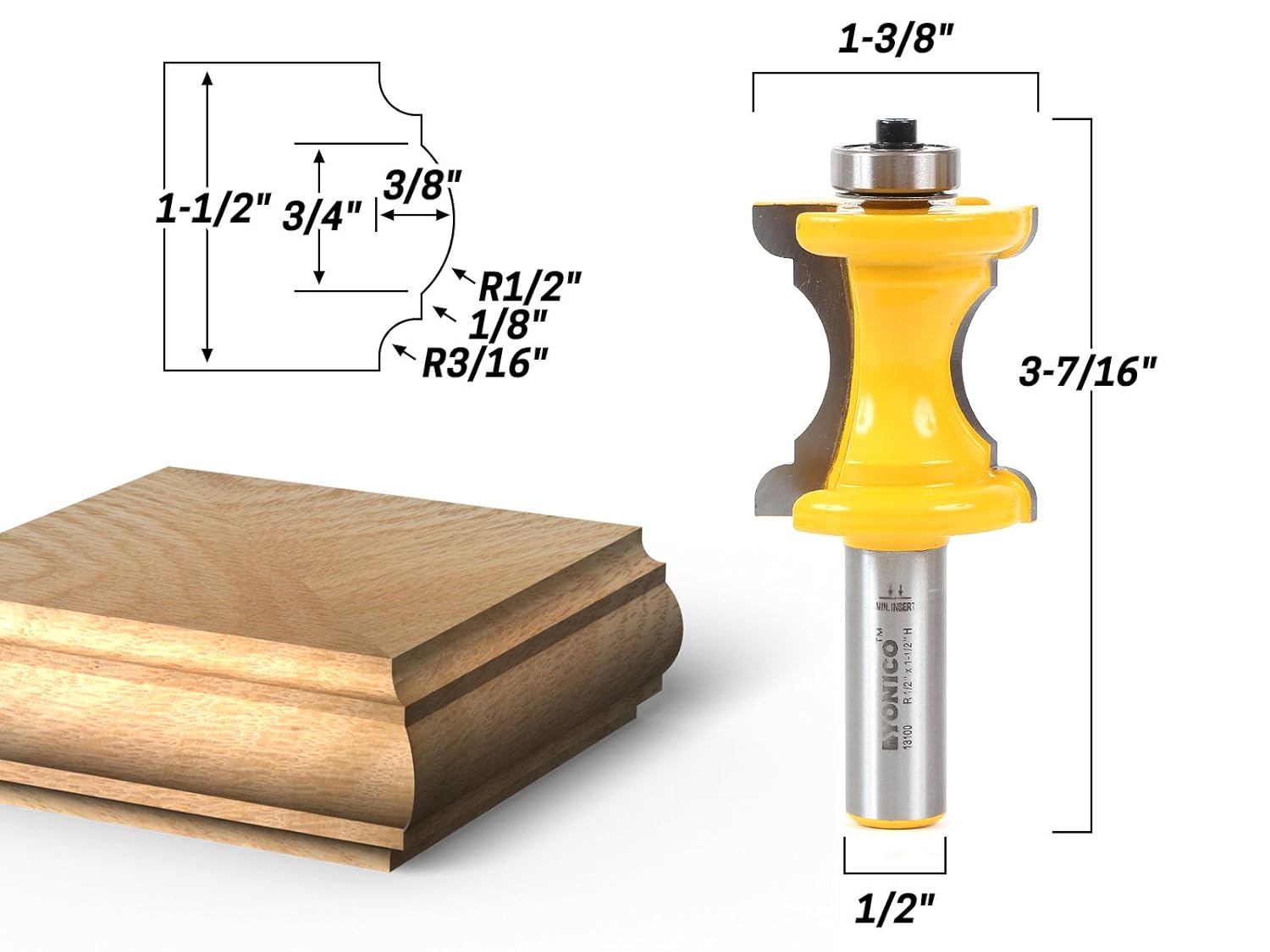 YONICO Router Bits Bullnose and Cove Furniture Molding & Trim 1-1/2-Inch 1/2-Inch Shank 13100