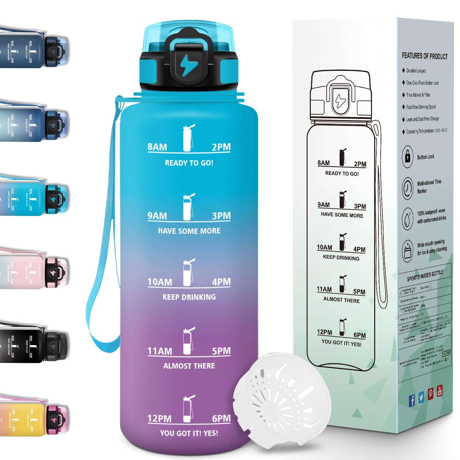 Motswedi Borraccia 1,5l, Borraccia Motivazionale, a Prova di Perdite, Bottiglia Palestra, Con marca temporale, Bottiglia Acqua per Sport, Università, Ufficio, Bicicletta - Blu&viola