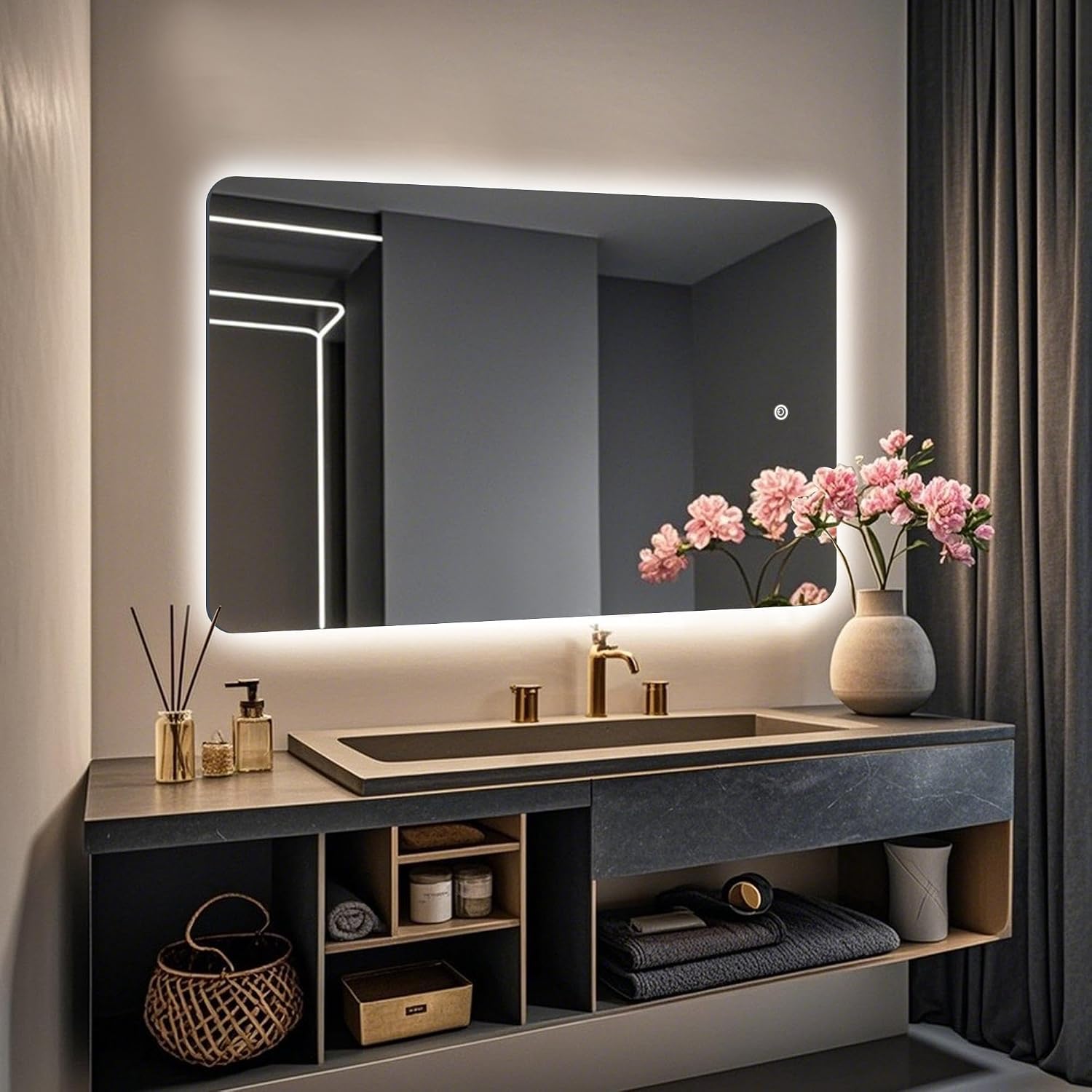 48''x30'' Backlit Led Mirror for Bathroom Rectangular Frameless Wall Mirror with Light Rounded Corners, Shatter Proof, Dimmable, Smart, 3-Color Lights,Tempered Glass