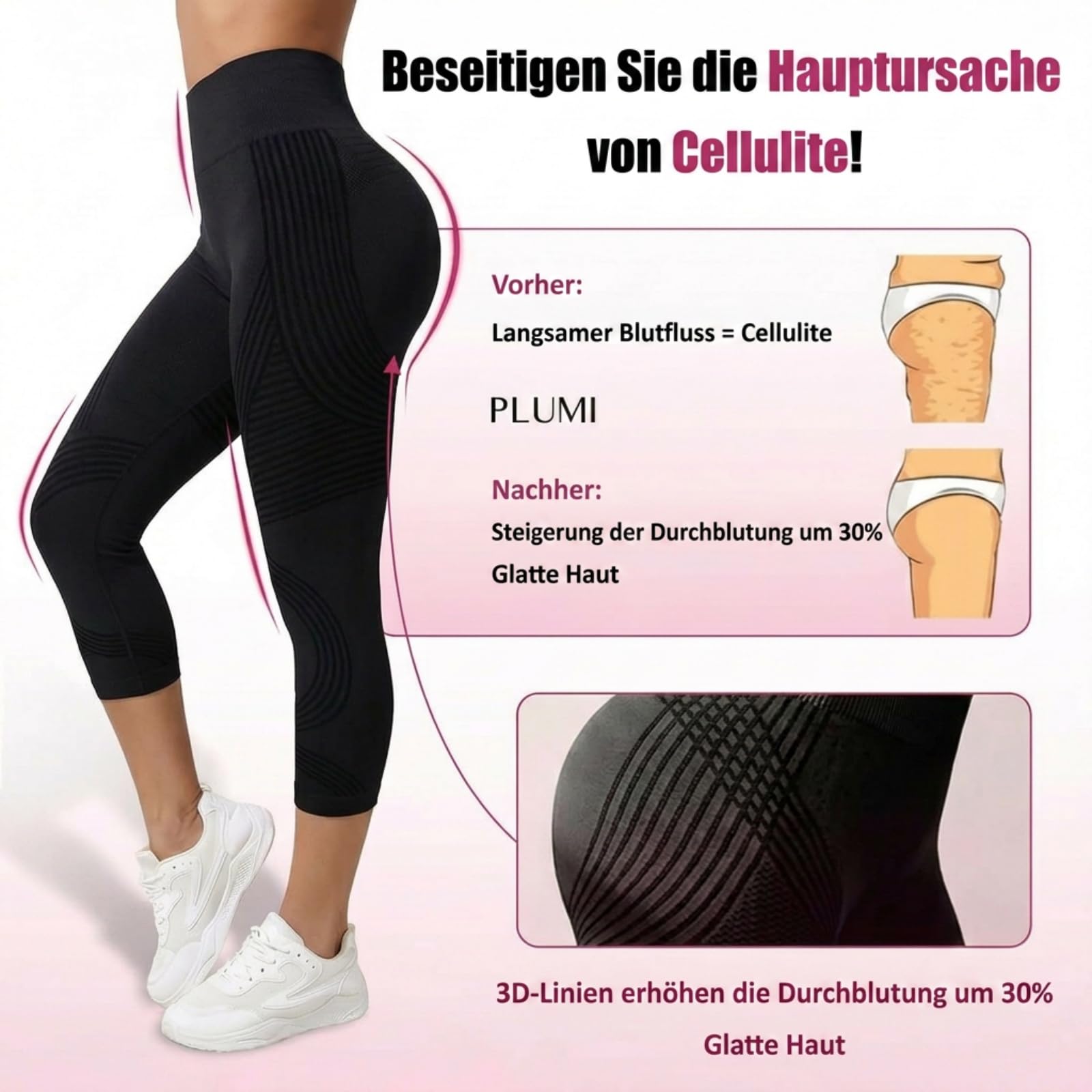 Coreex Celluflex 3D-Kompressionsleggings, Leggings Damen 3/4 LipöDem Anti Cellulite Leggings kompressionsleggins Damen High Waist Push-Up Trousers Yoga Fitness Sportleggins Sommerhose