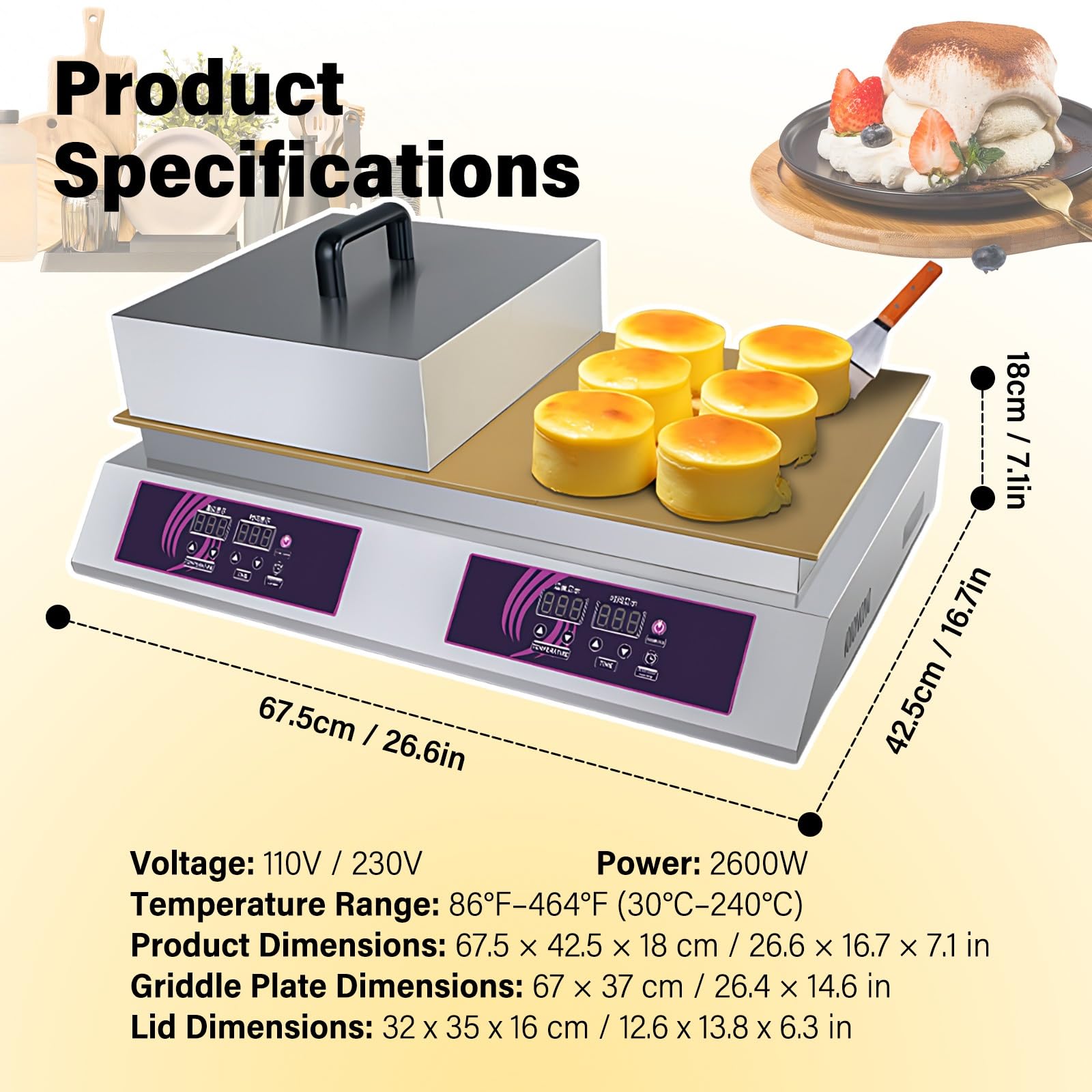 Maquina Pancake Japonesa Souffle, Crepera Electrica Profesional, Hotcake Maker Con Plancha De Laton Para Cocina De Postres Y Food Truck(Double-Head)