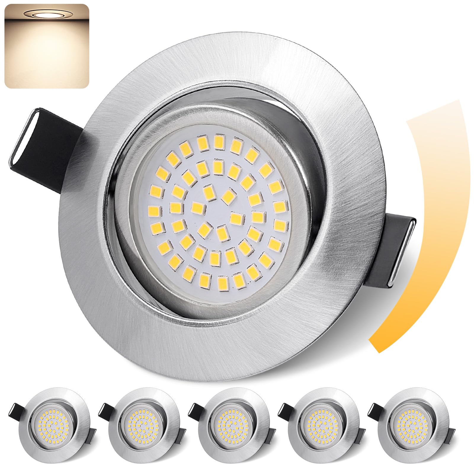 GeyouLux LED Einbaustrahler 230V Dimmbar 68mm 6W IP44 LED Spots 45° Schwenkbar 4000K Neutralweiß Deckenspots für Badezimmer Küche Wohnzimmer Einbauspots Flach Einbauleuchten Nickel 6er set