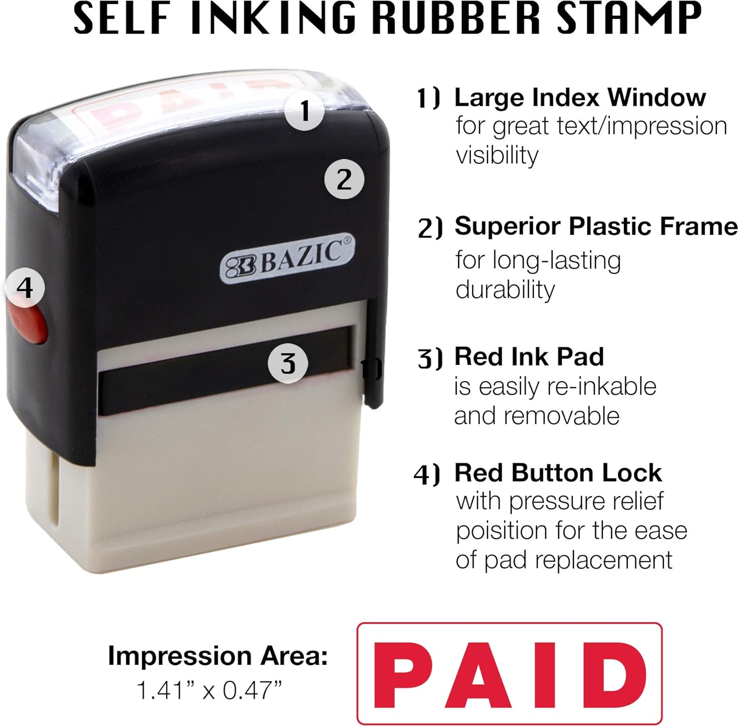 BAZIC Products Paid Self-Inking Stamp with Red Ink for Office, Business, and Documents, Easy Refillable Pad, Crisp & Clear Impressions, 1-Pack