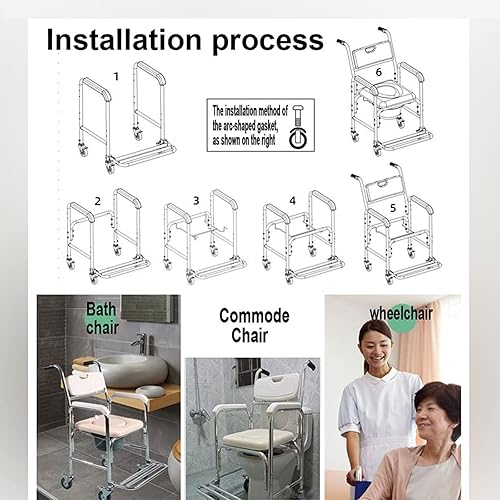 Miniatura 8 de Commode Chair on Wheels, Wheelchair Shower Transport ChairBathroom Bath Stool 4 Wheel BrakesMobile Toilet with with Removable Pot Folding Pedal for