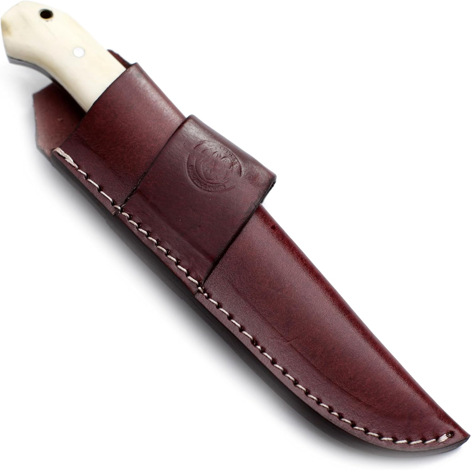 DCX17-69 Handmade Damascus Steel Hunter, Camel Bone Handle, with Cowhide Leather Sheath …