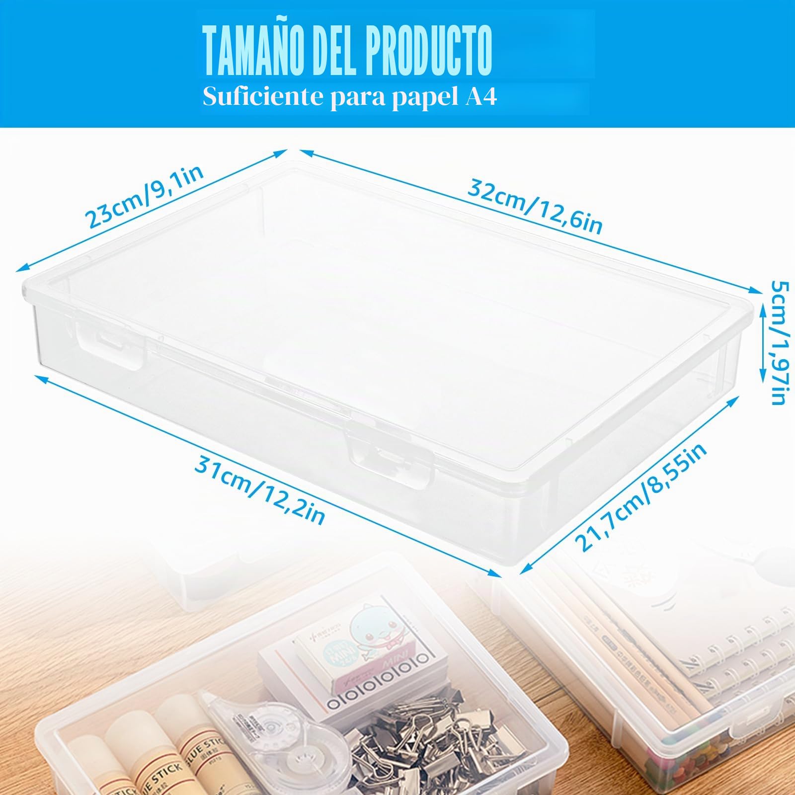 Pack de 5 Cajas Transparentes A4 para Archivo, Caja Plastico y Documentos con Cierre de Hebilla Cajas de Almacenamiento Portatiles A4 para Oficina Escuela y Hogar 32 x 23 x 5 cm