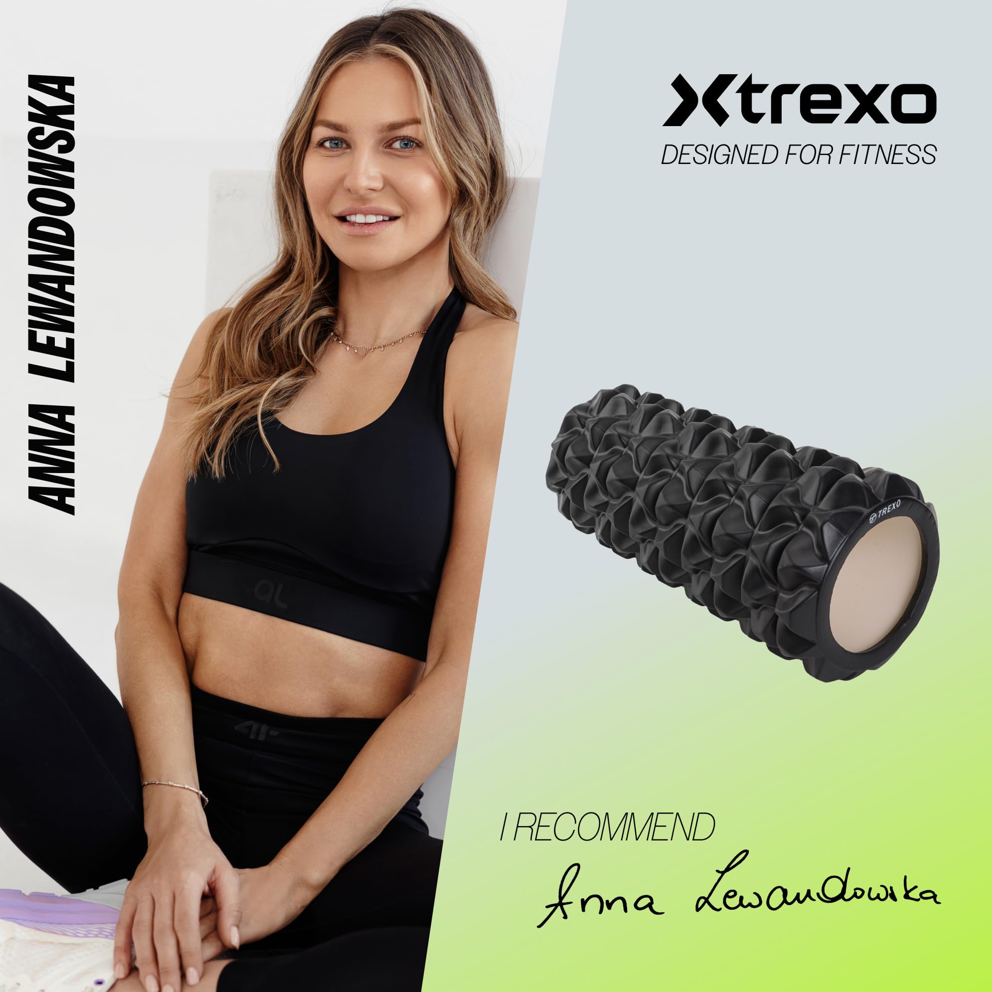 TREXO Wałek do Masażu Mięśni o Długości 33 cm i Średnicy 14 cm Pianka EVA i PVC Wypustki Czarny do Ćwiczeń w Domu Pilatesu Jogi Rozciągania Fizjoterapii