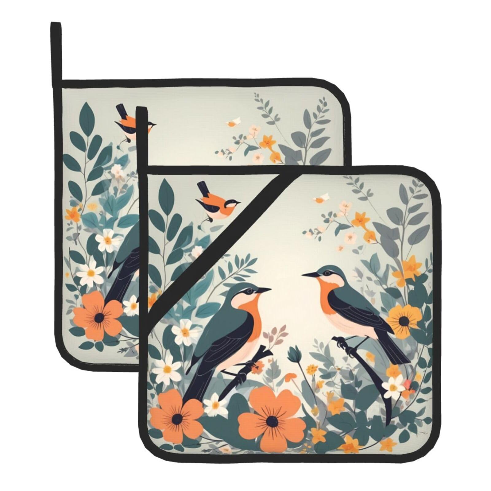 HJFCZH Wildflower Branches Printed Square Insulated Pot Mat Set (2-Piece) 8x8in Waterproof, Thickened & Easy to Clean with Lanyard Design for Kitchen, Oven & BBQ