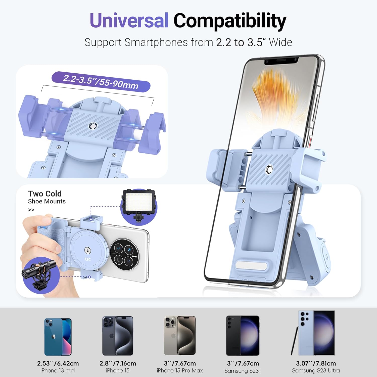 The JJC MSG-U1 phone clamp showing its universal compatibility for smartphones from 2.2 to 3.5 inches wide, and two cold shoe mounts for accessories.