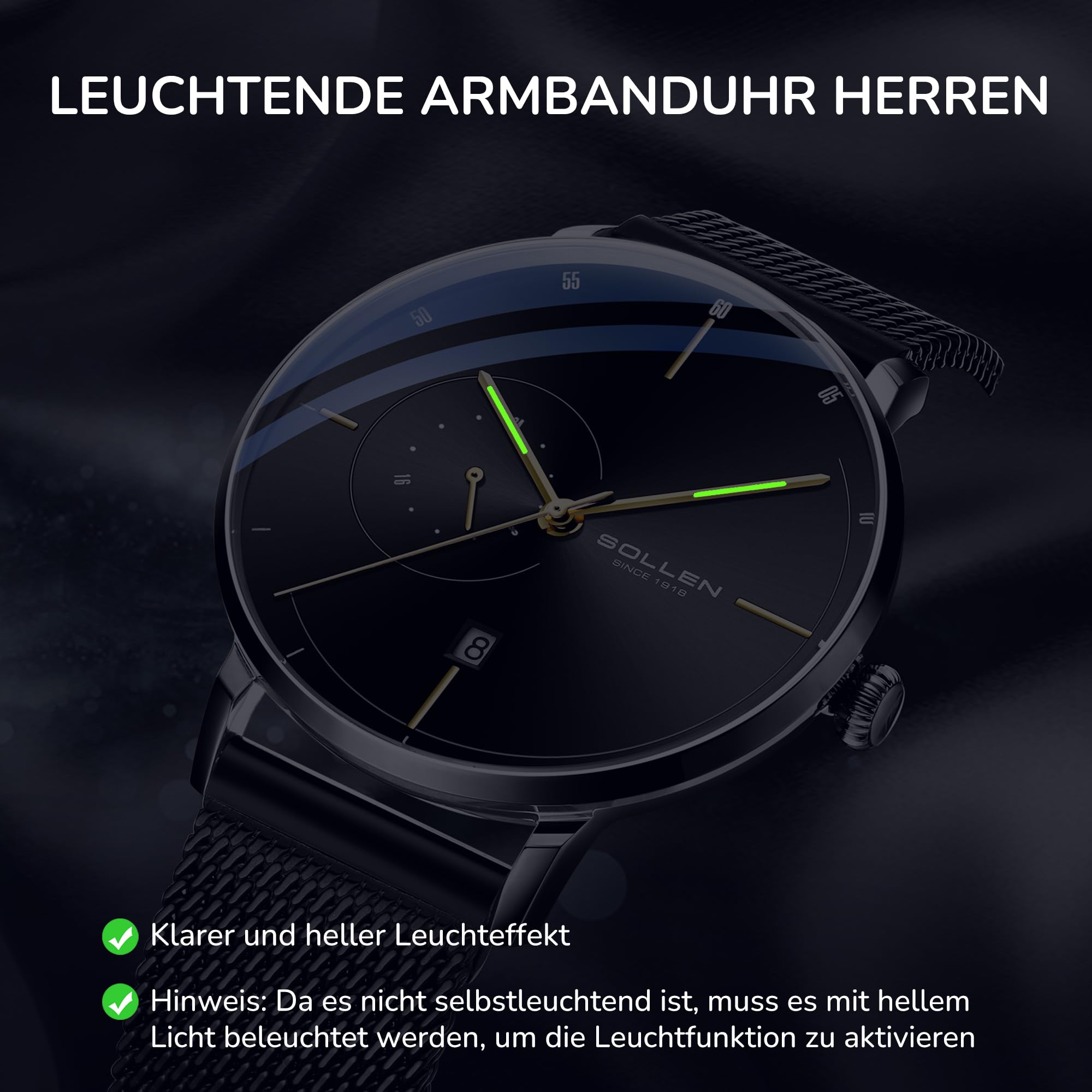 SOLLEN Minimalistische Automatikuhren Herren,Automatische Herrenuhren,Originales Mechanisches Uhrwerk,Wasserdicht Leuchtend Selbstaufzug Herrenuhr mit Kalendar,Business Armbanduhr für Männer