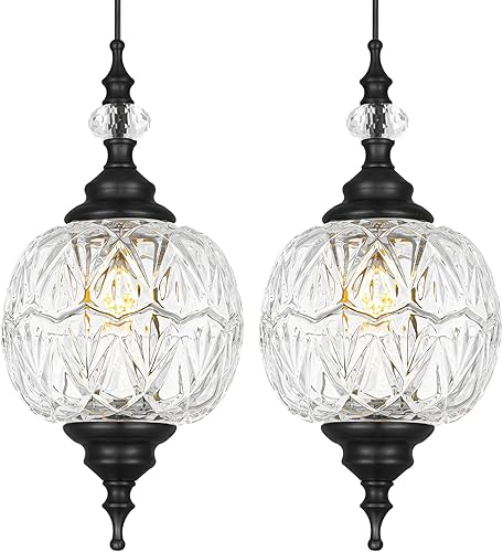 Paquete de 2 luces colgantes para isla de cocina, lámpara colgante vintage negra con pantalla de vidrio desmontable, luz colgante ajustable para