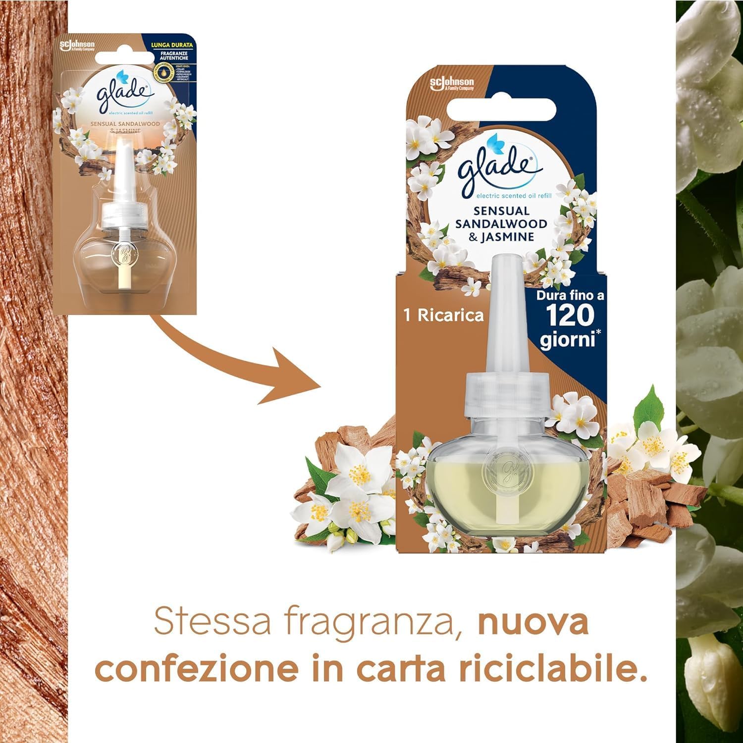 Glade Liquido Elettrico Profumatore per Ambienti con Olii Essenziali, Fragranza Gelsomino e Sandalo di Bali, Fino a 120 Giorni di Profumo, 3 Ricariche