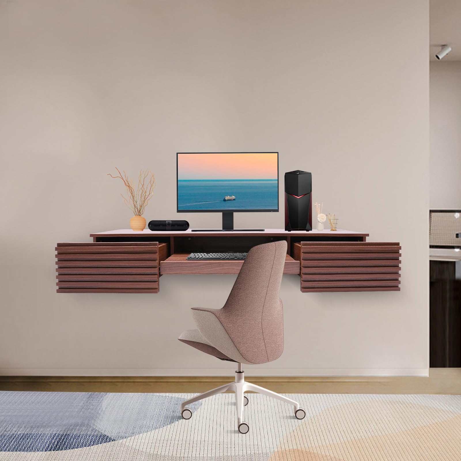 Eleeferri Wall Mounted Desk 120lbs Load Capacity Floating Computer Desk 60inch Floating Drawer Hanging Desk Wall Organizer with Pull Out Drawer for Home Office