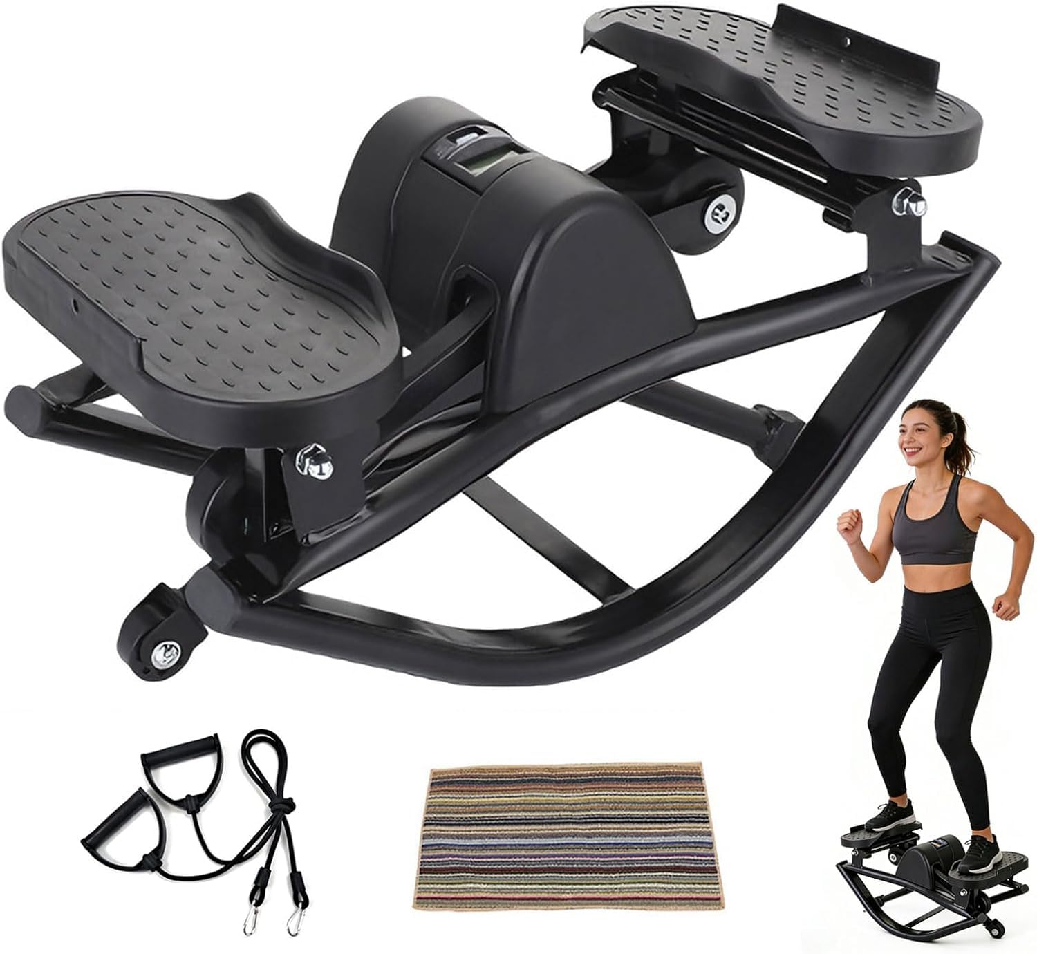 HoldOneLight Stepper per fitness a dondolo laterale - Stepper roccia laterale con monitor digitale e bande di resistenza per allenamenti a casa