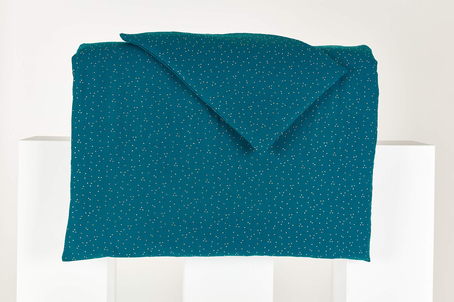KraftKids Juego de ropa de cama de diferentes diseños y colores bonitos y modernos, lavable, 40 x 60 cm y edredón 135 x 100 cm, funda nórdica de algodón, hecha a mano en la UE Musselin goldene Punkte