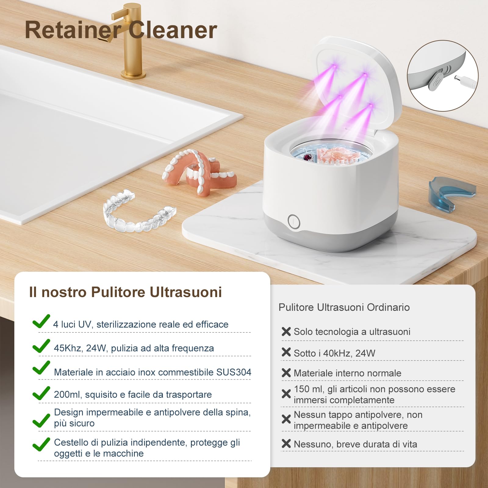 Pulitore Ultrasuoni Portatile 45000Hz con Luce UV | 24W | 200ML | Ultrasonic Cleaner per Protesi, Bite, Allineatori, Ferule Dentali e Gioielli