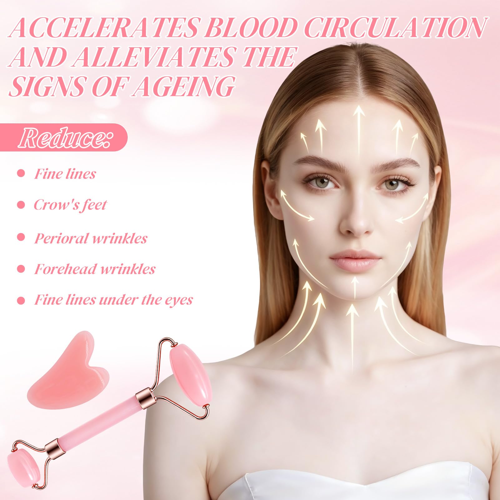 8 Piezas Kit de Masaje Gua Sha para Mujer, Gua Sha Cuarzo Rosa, Rodillo de Masaje, Cepillo Facial de Contorno, Diadema, Bolsa de Maquillaje, Regalos Guasha Facial Jade para Familia, Amigos