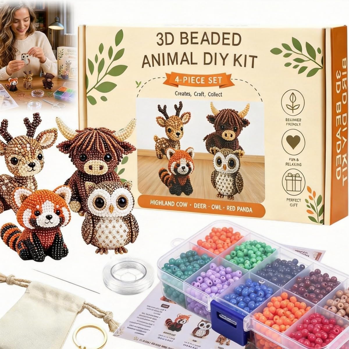 Cmengleo Easy DIY 3D Beaded Animals Kit - Woodland Friends Craft Set for Beginners | 4 Cute Animal Designs with Step-by-Step Instructions