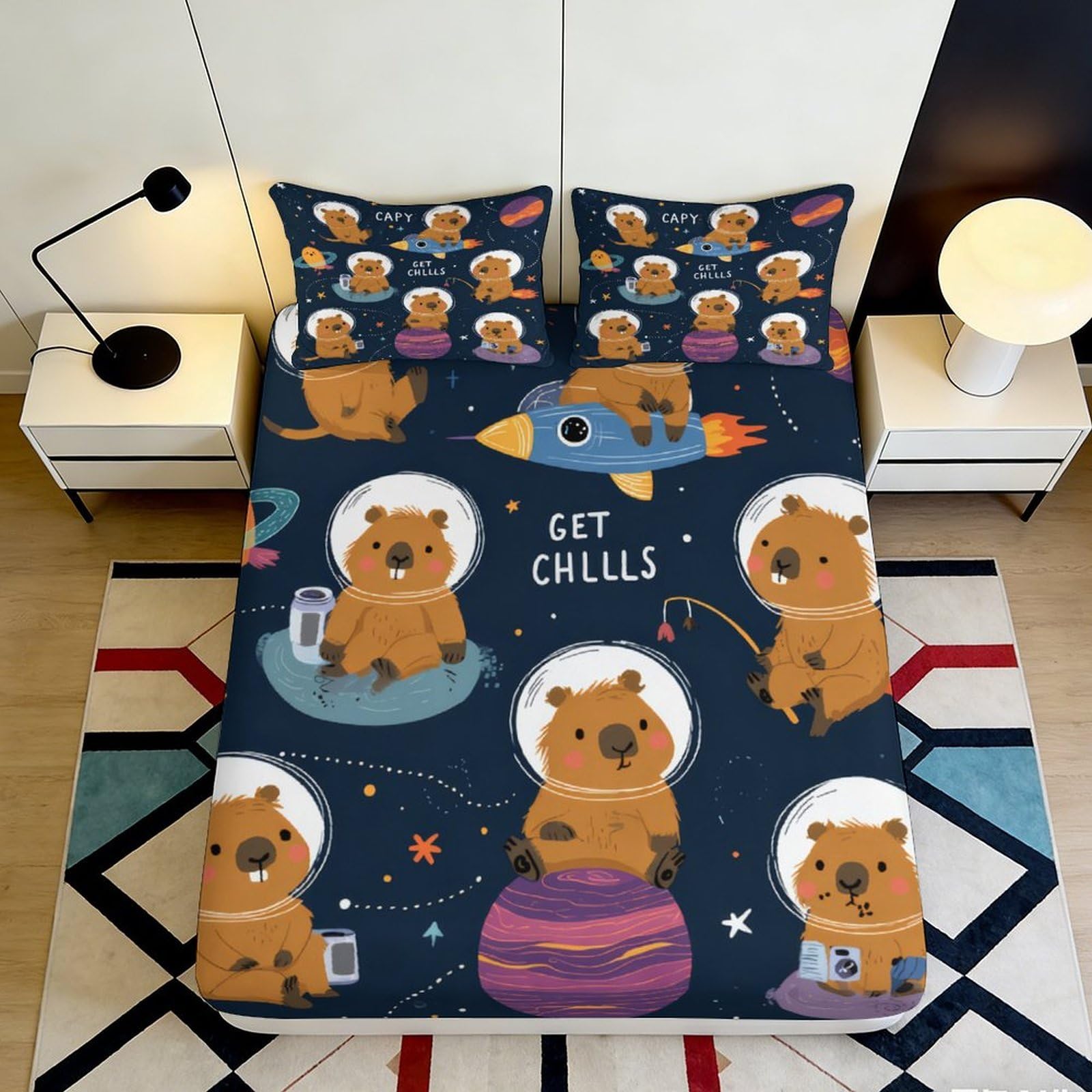 3D Printed Space Bear Fitted Sheet Microfiber Deep Pocket Non-Slip Bedroom Bedding Space Bear Mattress Fitted Cover for Adults Teens 140x200x25cm