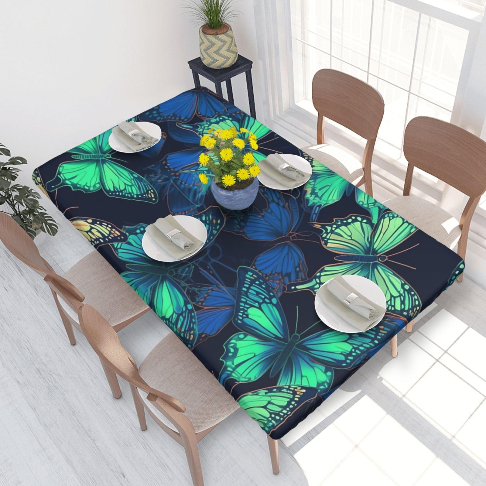 Butterfly Waterproof Square Table Cover Elastic Fitted Tablecloth Oil Proof Table Protector For 4ft Table
