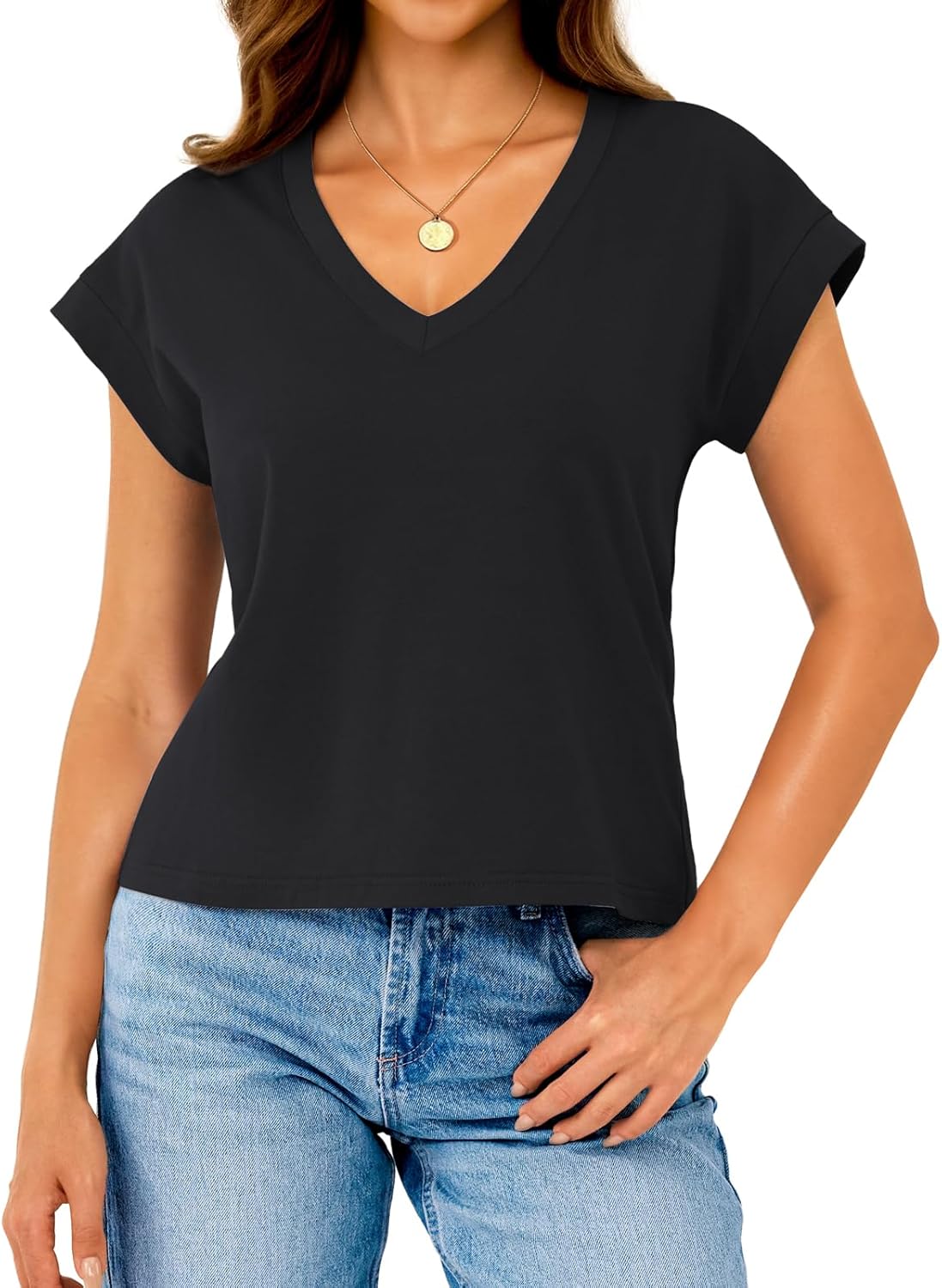 Womens Cotton Tops Cap Short Sleeve Crop V Neck Basic Shirts Boxy Casual Spring Summer Clothing Outfits - Image 2