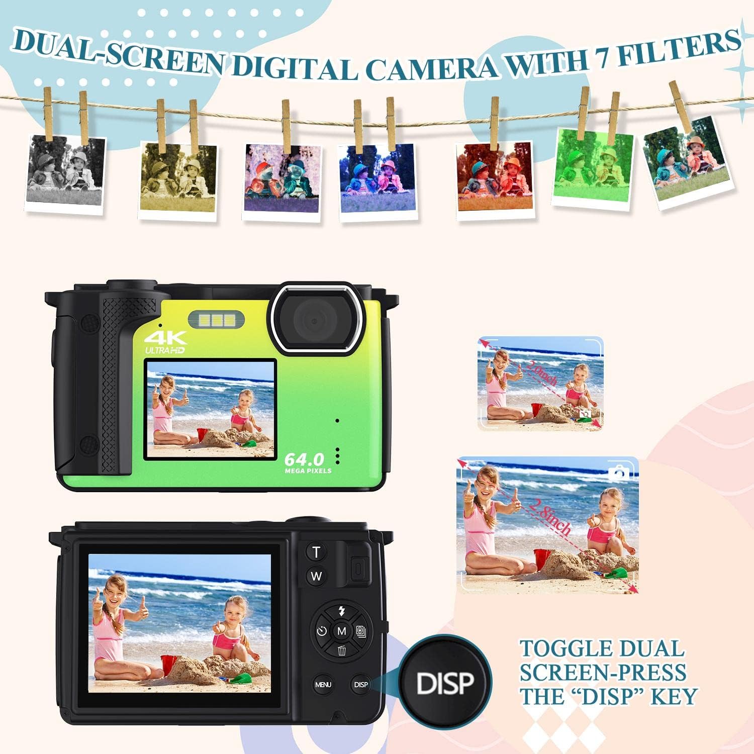 digital camera 4k 64mp vlogging camera with flash selfie dual screenscompact point and shoot camera with wifi16x digital zoom 2 8 video camera for