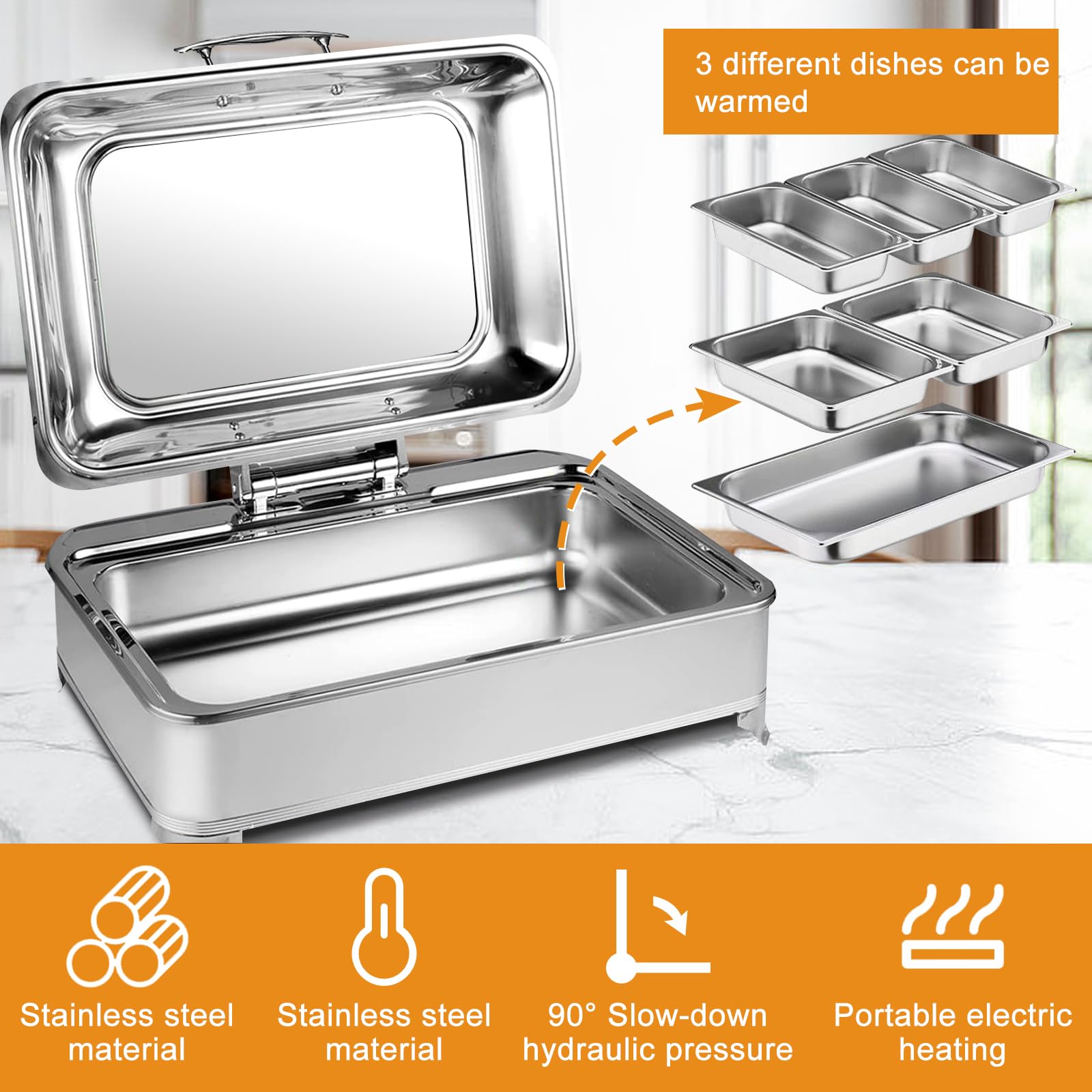 9L Chafing Dish Elettrico, Professionale Scaldavivande Elettrico per Buffet, Acciaio Inox Contenitore Scalda Cibo per Famiglia, Ristoranti, Hotel, Feste, 58x44×25cm (1/1)