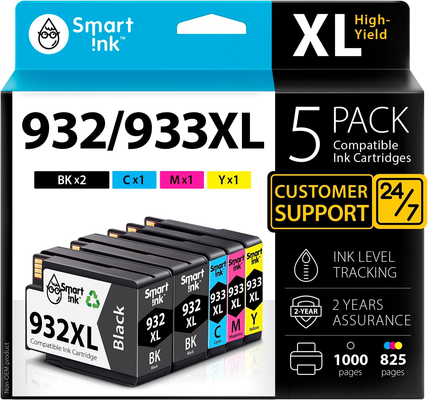 Smart Ink Compatible Ink Cartridges Replacement for HP 932XL 933XL 932 XL 933 XL 5 Pack Combo (2 Black, Cyan/Magenta/Yellow) for HP Printer OfficeJet 6600 6700 7610 7612 6100 7510 7110 7620