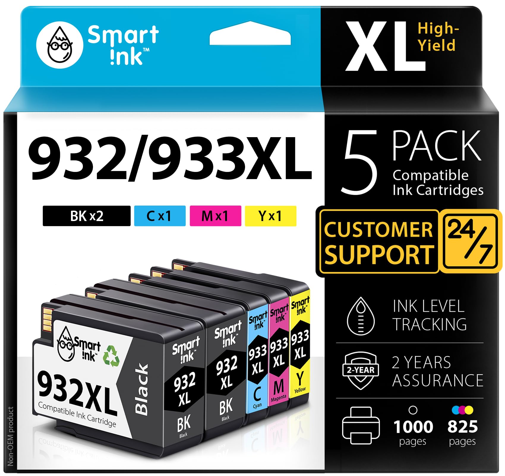 Smart Ink Compatible Ink Cartridges Replacement for HP 932XL 933XL 932 XL 933 XL 5 Pack Combo (2 Black, Cyan/Magenta/Yellow) for HP Printer OfficeJet 6600 6700 7610 7612 6100 7510 7110 7620