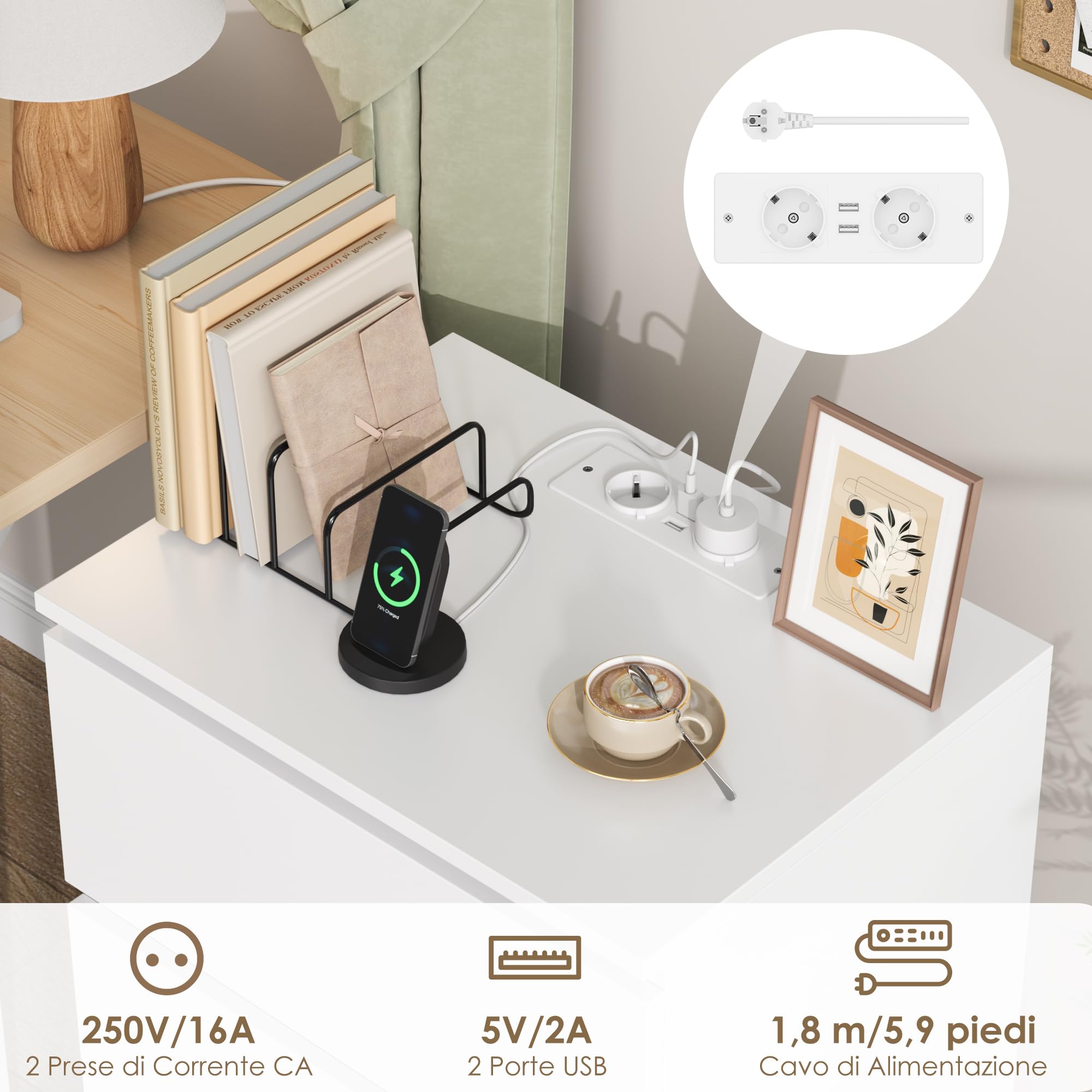 FirFurd Comodino con Ciabatta Elettrica, Comodino Camera da Letto con 3 Cassetti, con 2 Prese AC e 2 Porte USB, Cassettiera in Legno, per Soggiorno e Camera da Letto, Moderno, 45x38x66 cm (Bianco)