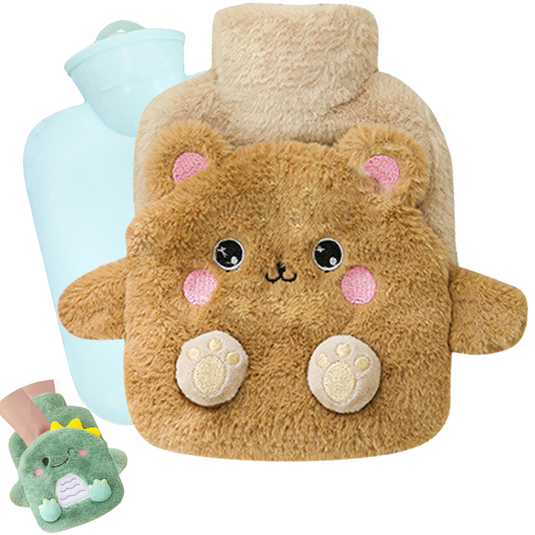 Wärmflasche Kinder,Dinosaurier Wärmflasche mit Handwärmerbezug,mit Bezug Flauschig,Abnehmbare und Waschbare,Geprüft und Frei Von Schadstoffen