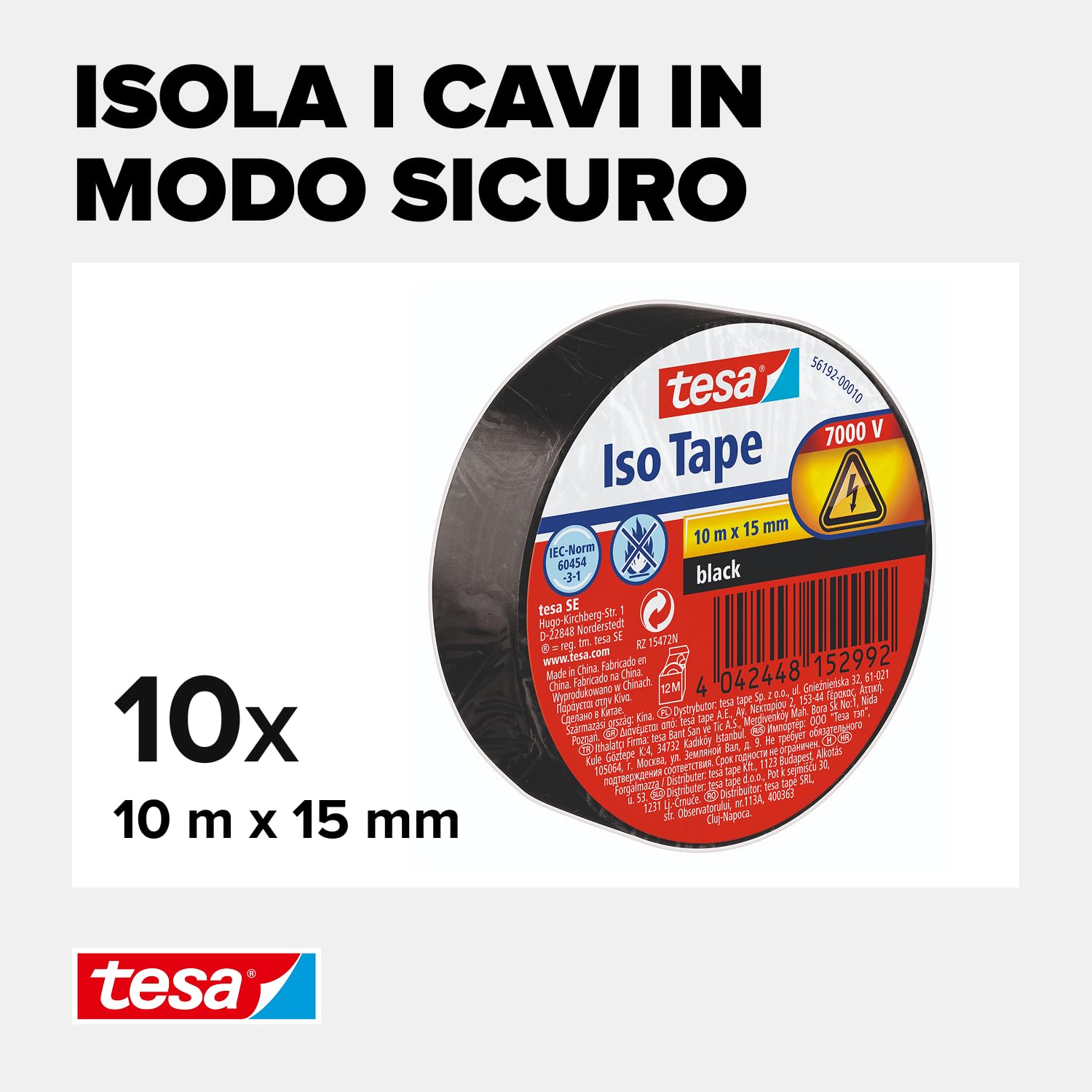 Tesa Nastro Isolante in Confezione da 10 - Nastro isolante autoadesivo, resistente al calore - Per isolare, riparare e legare - 10 m - Nero
