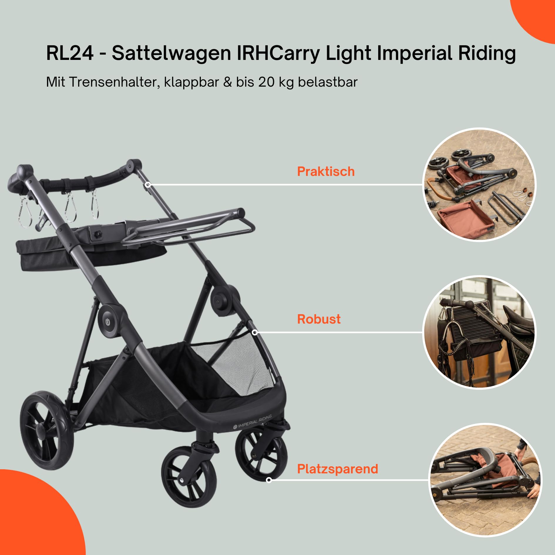 RL24 - Sattelwagen IRHCarry Light Imperial Riding mit Trensenhalter & Geländeräder – klappbar & bis 20 kg belastbar – Sattelhalter & Korb sind abnehmbar – Gun Metal Metallic – Stallzubehör
