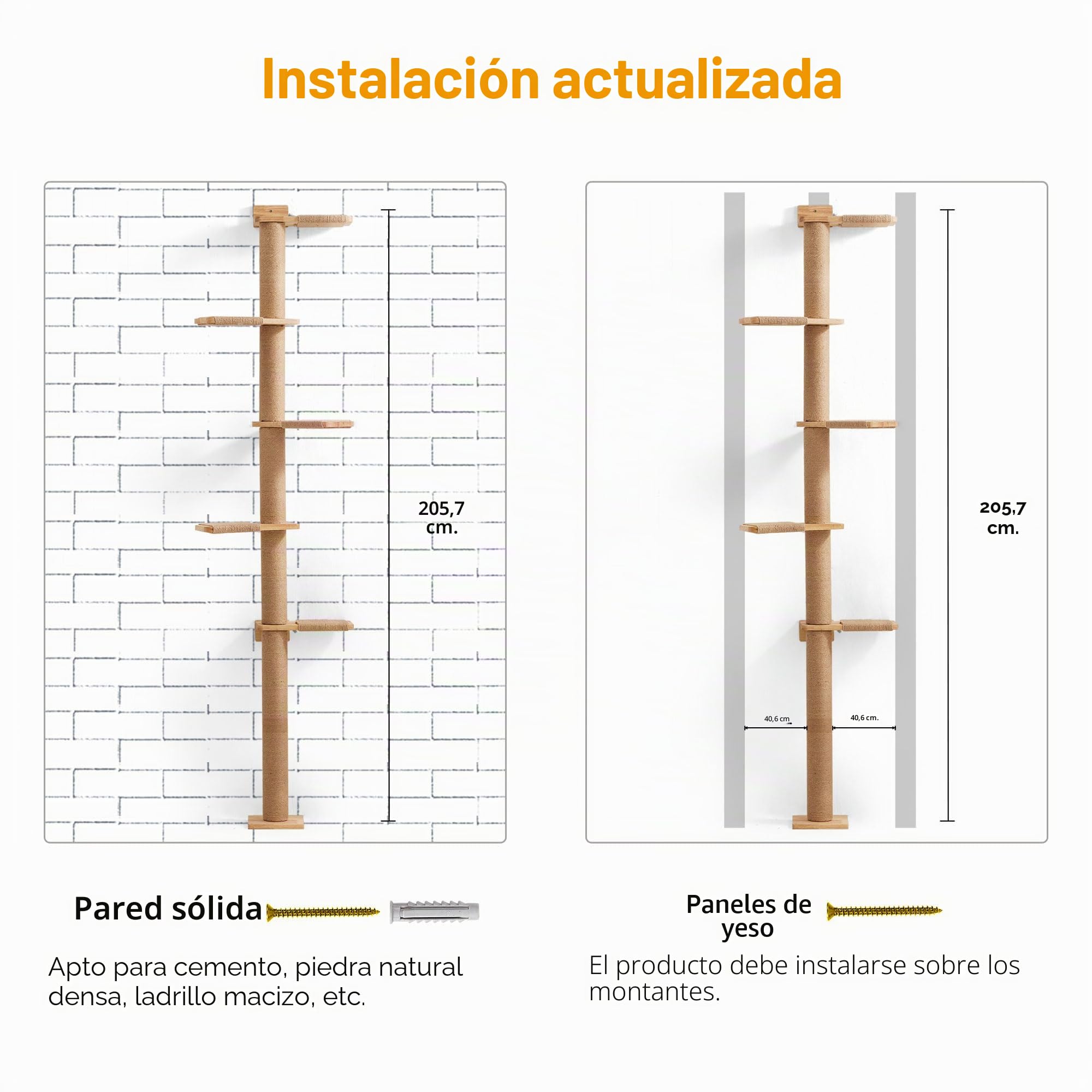 FUKUMARU Torre de 5 Niveles para Gatos 206 cm Madera de Caucho Natural Montado en Pared