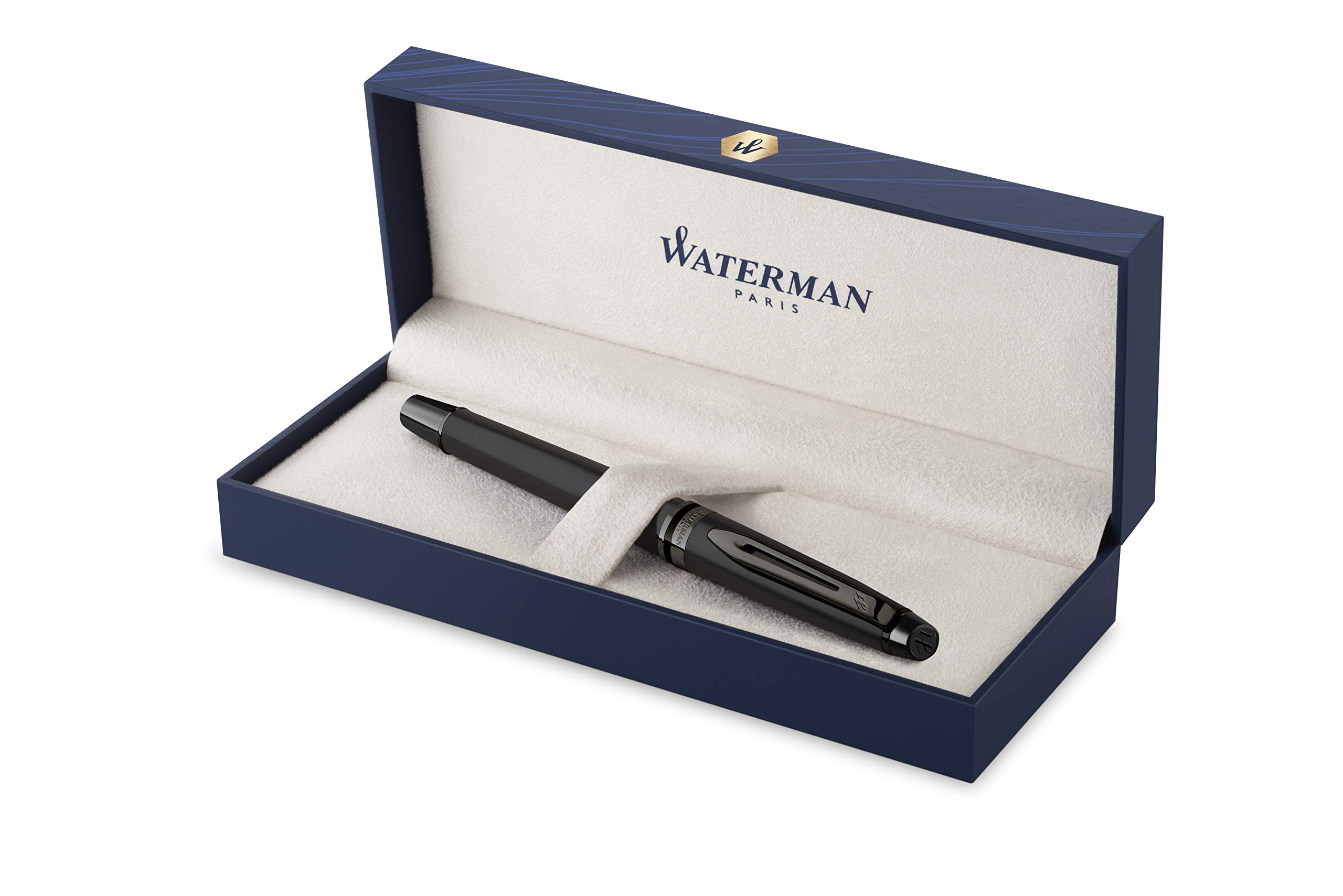 Waterman 2119189 Expert Füllfederhalter | Schwarze Metallic-Lackierung mit Ruthenium-Zierteilen | Medium Edelstahlfeder mit PVD-Beschichtung | Blaue Tinte | In Geschenkbox