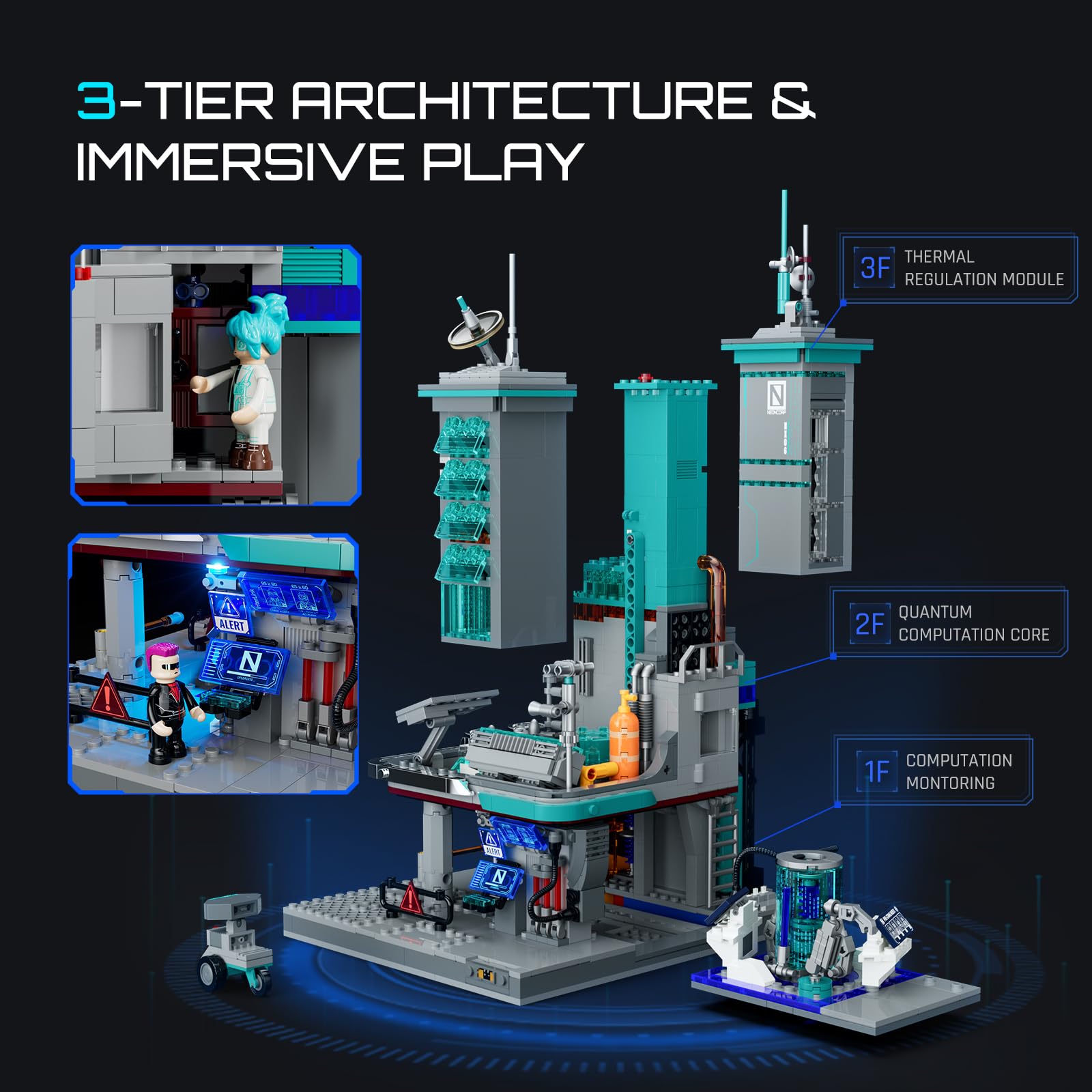 Lumibricks Neon Tech Station Beleuchtetes Klemmbaustein-Set, 1282 Teile Cyberpunk Hochhaus mit LED-Licht, Modulare Datenstation mit Herausnehmbaren Modulen & Stromverbundsystem