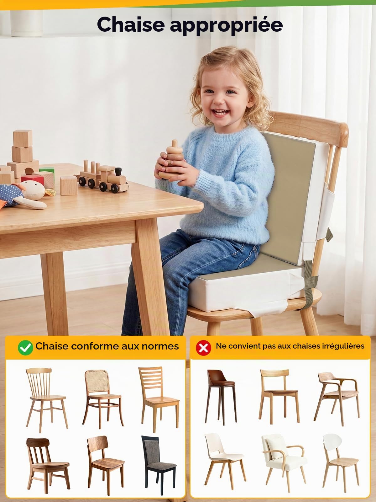 Rehausseur de chaise constitué de deux coussins - Pour enfant et bébé - En polyuréthane lavable - Avec sangles - pour enfants de plus de deux ans - Kaki