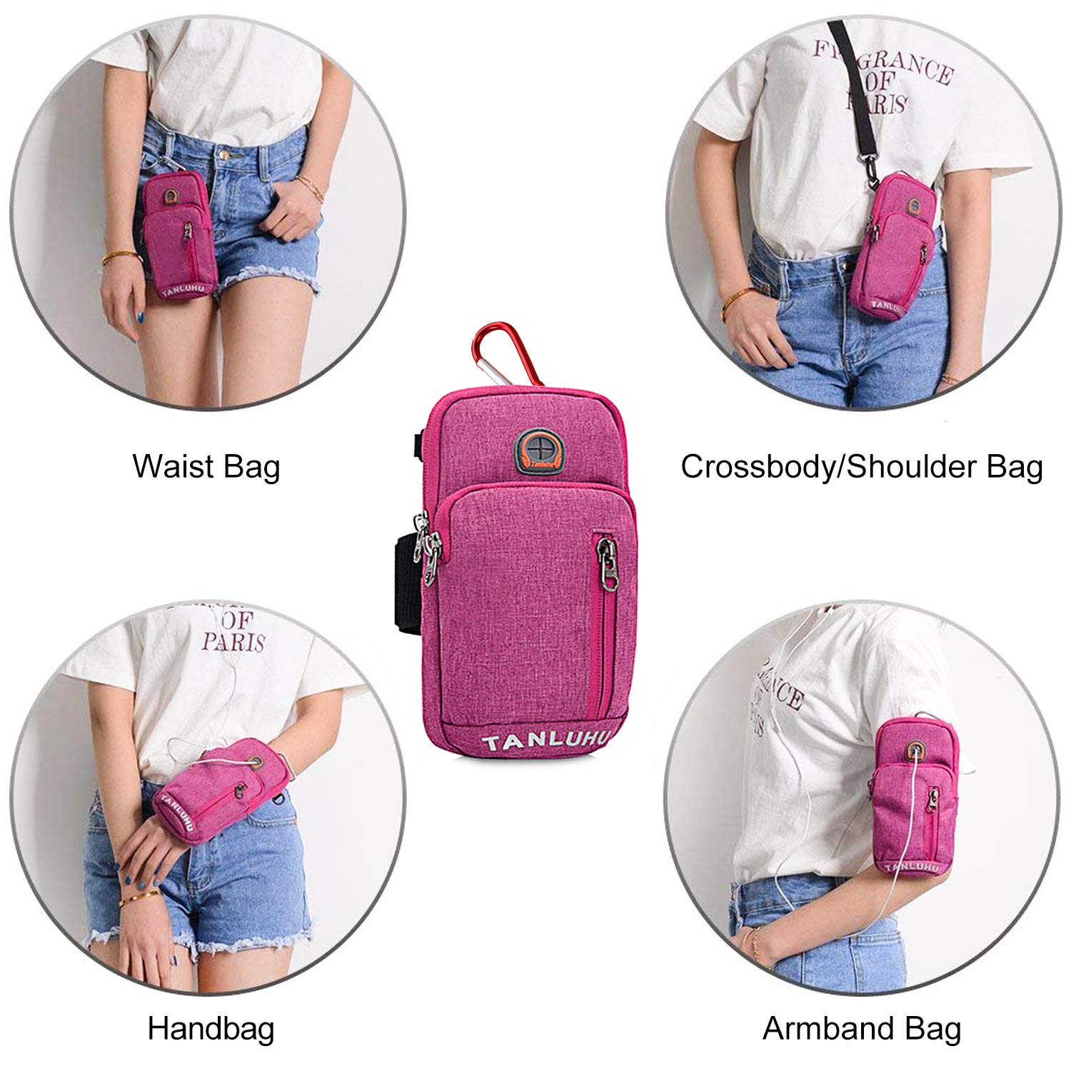 Brassard de Sport Universel Sac de Bras de Sport Réglable Bras de Gymnastique Étui de Poche Bandoulière Sac de Passeport de Voyage pour iPhone, Samsung, Huawei (Rose Rouge)