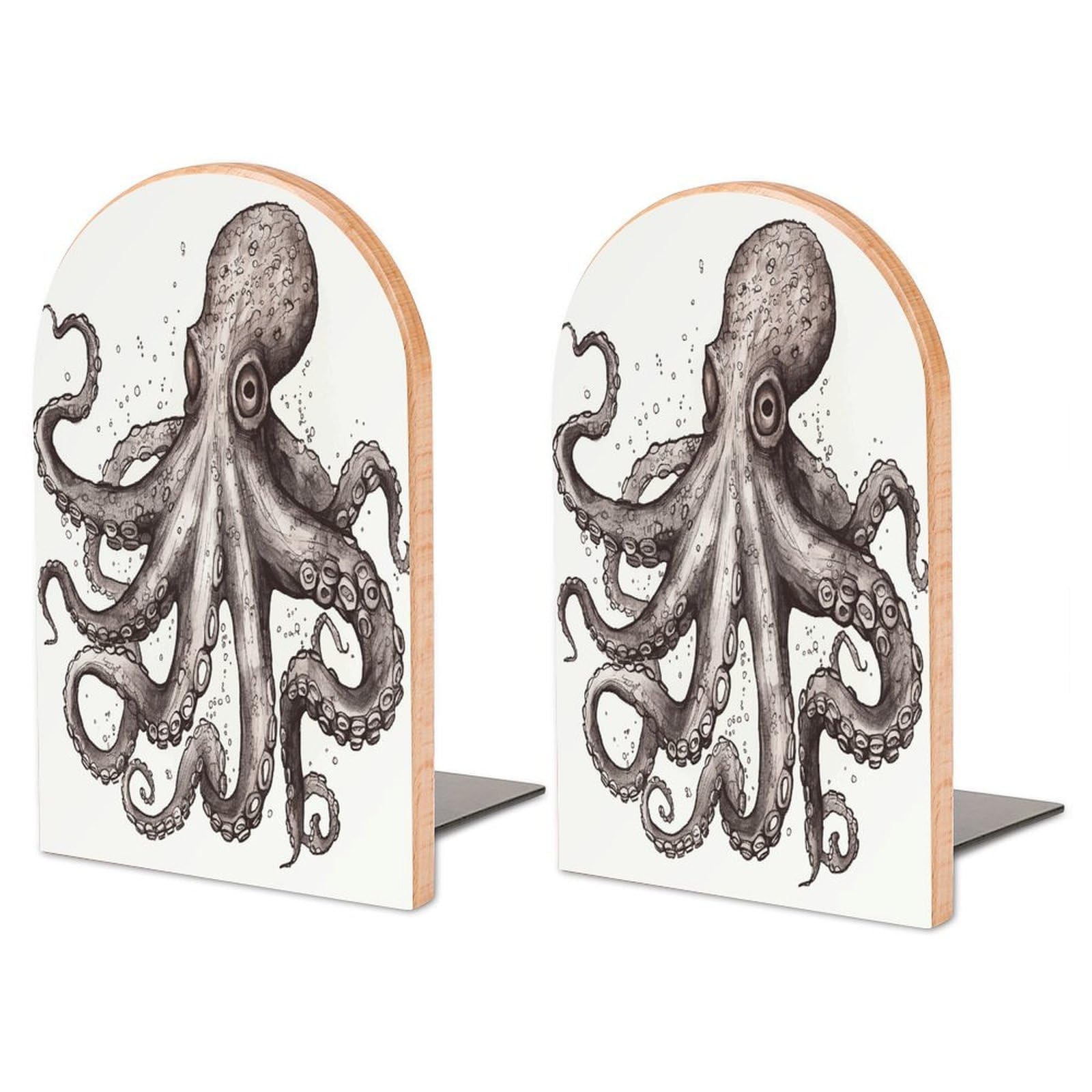 Large Octopus Book End with Metal Base Fashion Heavy Duty Bookend Exquisite Wooden Bookends Non-Skid Book Stopper for Shelves Books Organizer for Office Home 1 Pair