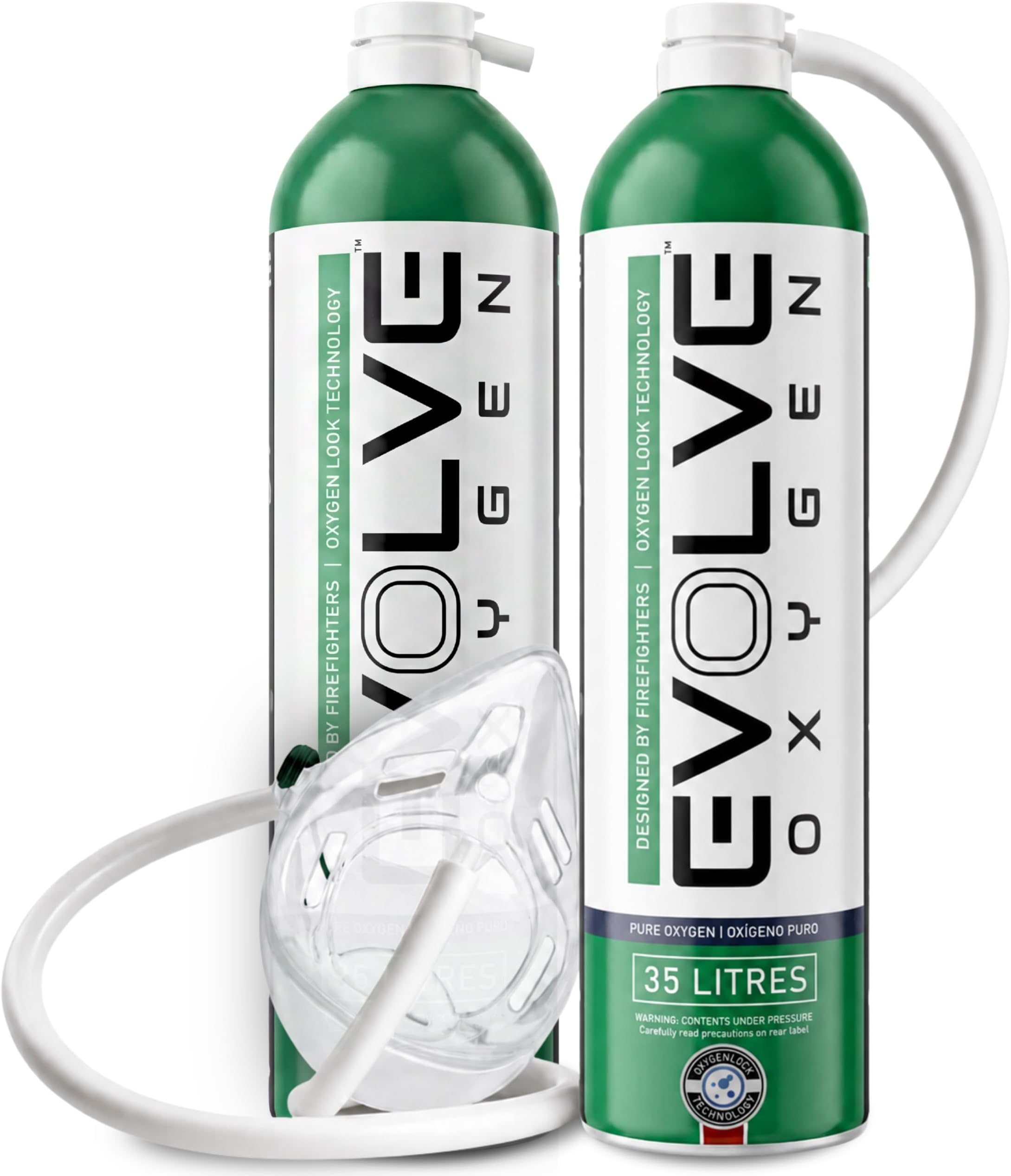 EVOLVE 35-Litre Pure Oxygen Canister with Mask and Tube | Portable Oxygen Can | Ideal for Home Use and Outdoor Activities | Designed by Firefighters | Made in Britain | Pack of 2
