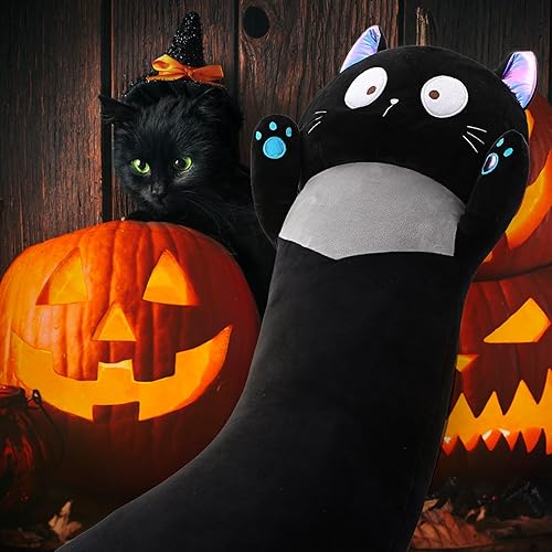 Miniatura 2 de MorisMos Almohada de felpa de gato de 40 pulgadas de largo, almohada corporal de gato negro grande para adultos, adolescentes y niñas, animales de