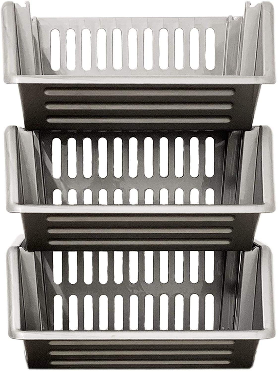 Large 3 Tier Stacking Baskets Storage Veg Rack Plastic Stackers, Black, Length 35.5 cm x Depth 30 cm x Height 17.5 cm (Grey)